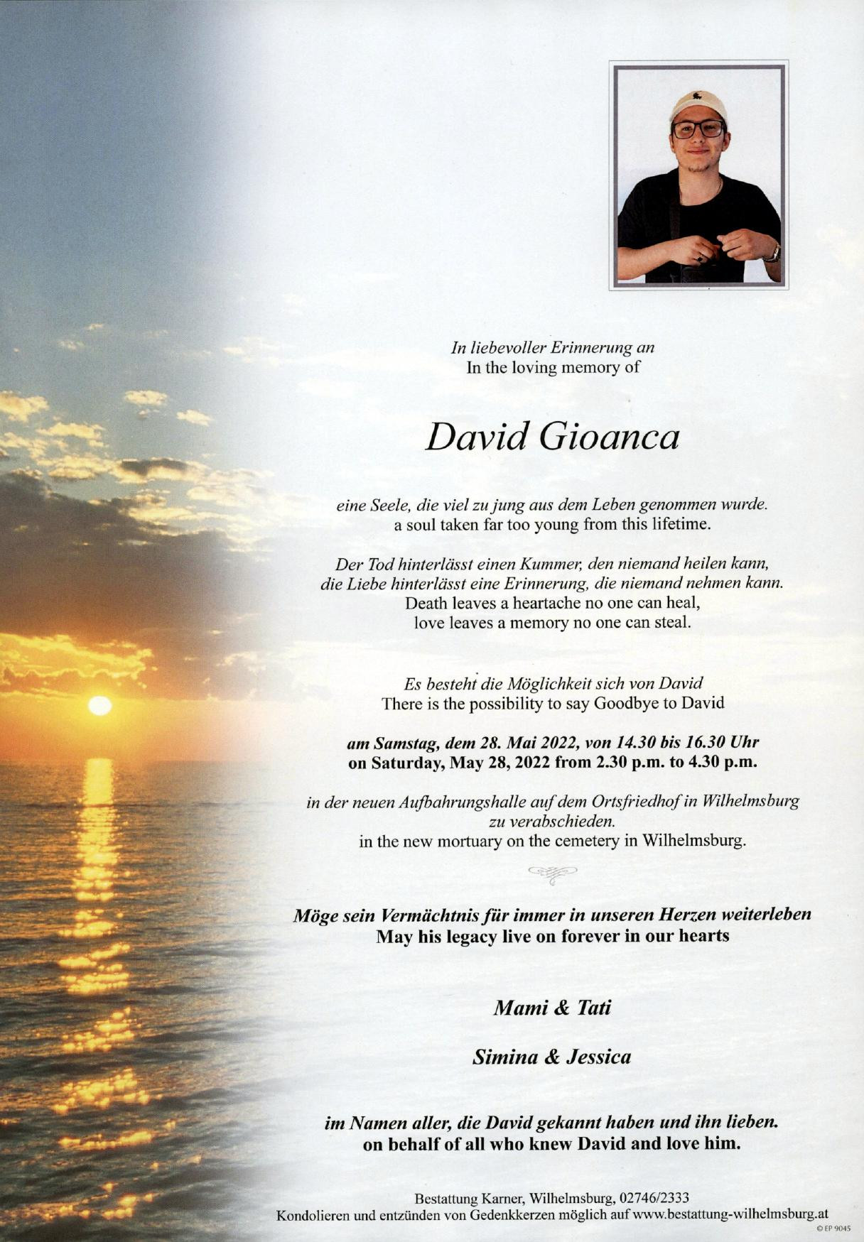 Traueranzeige von David Gioanca