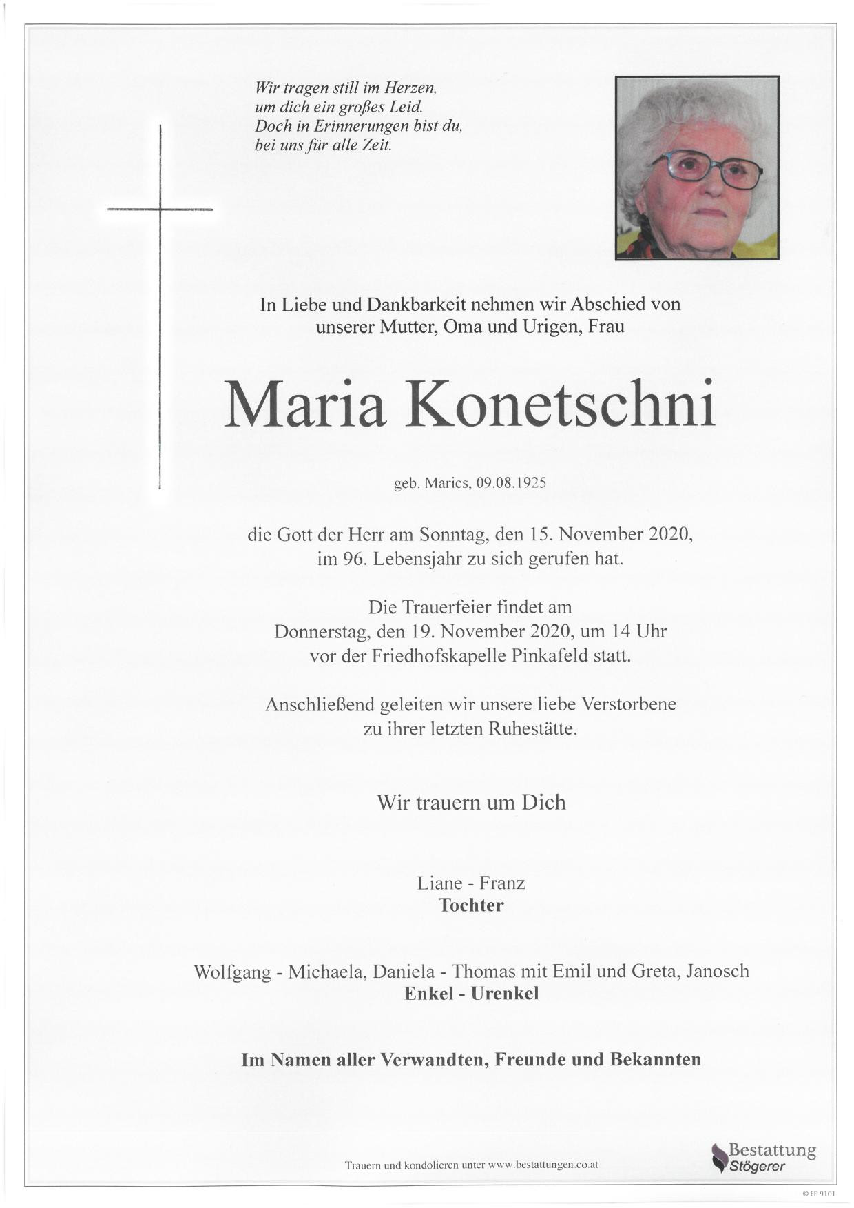 Traueranzeige von Maria Konetschni