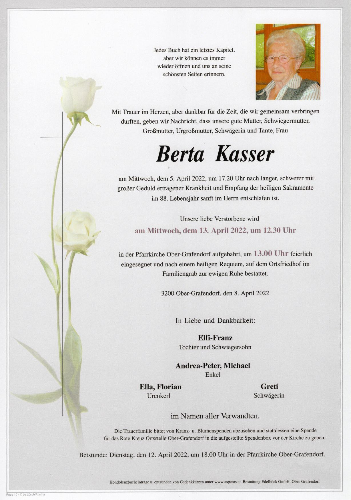 Traueranzeige von Berta Kasser