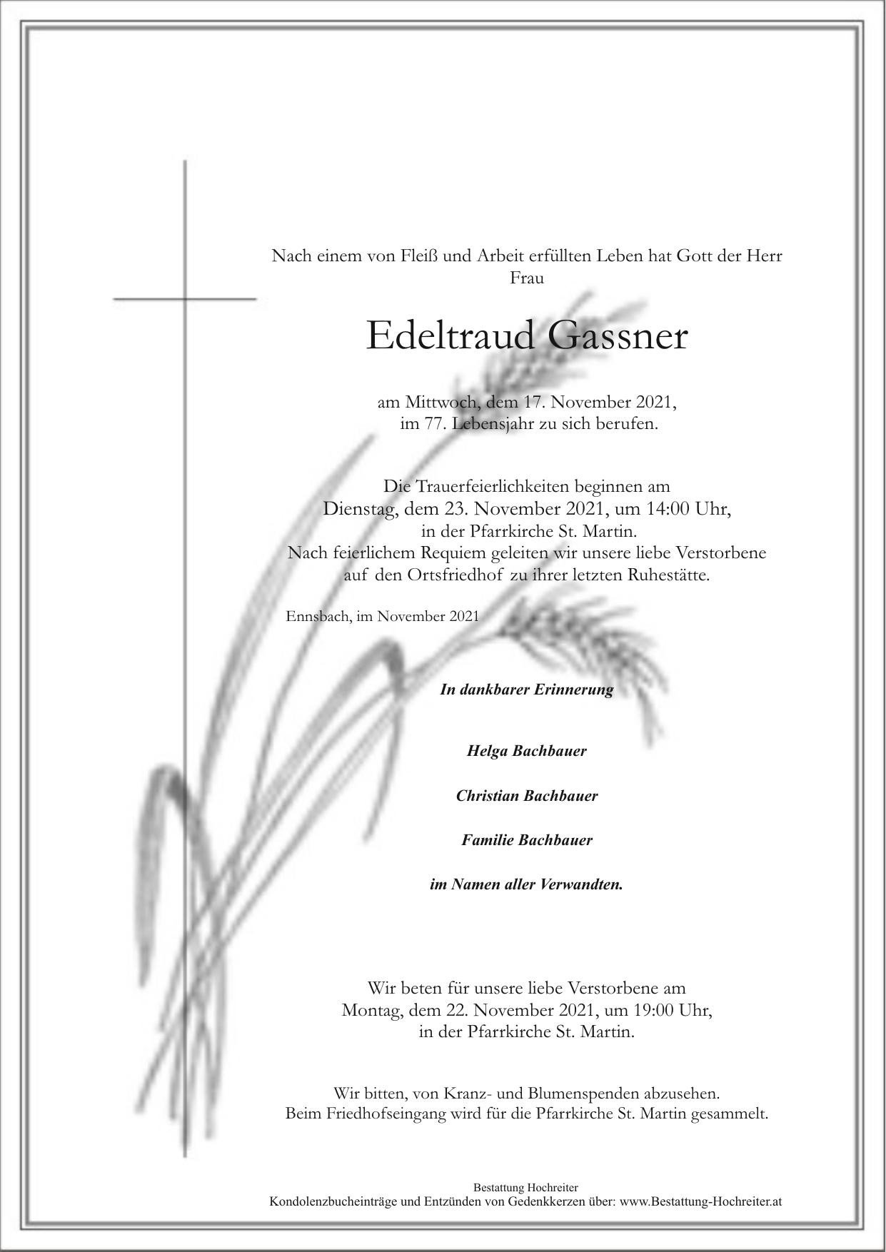 Traueranzeige von Edeltraud Gassner