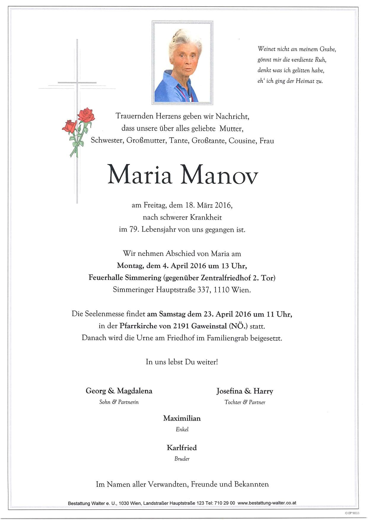 Traueranzeige von Maria Manov