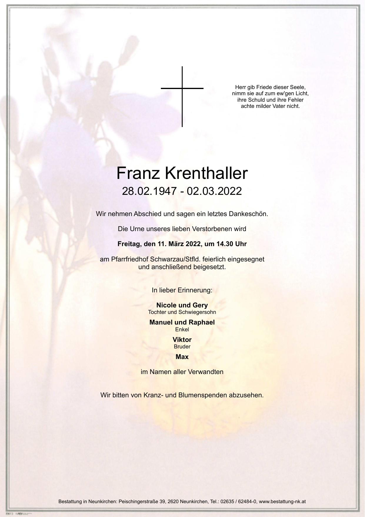 Traueranzeige von Franz Krenthaller
