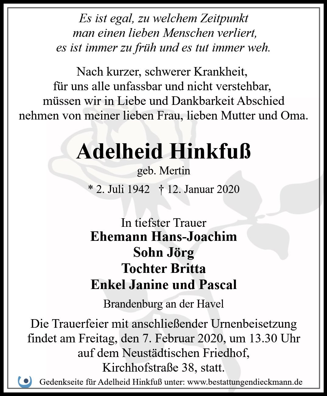 Traueranzeige von Adelheid Hinkfuß