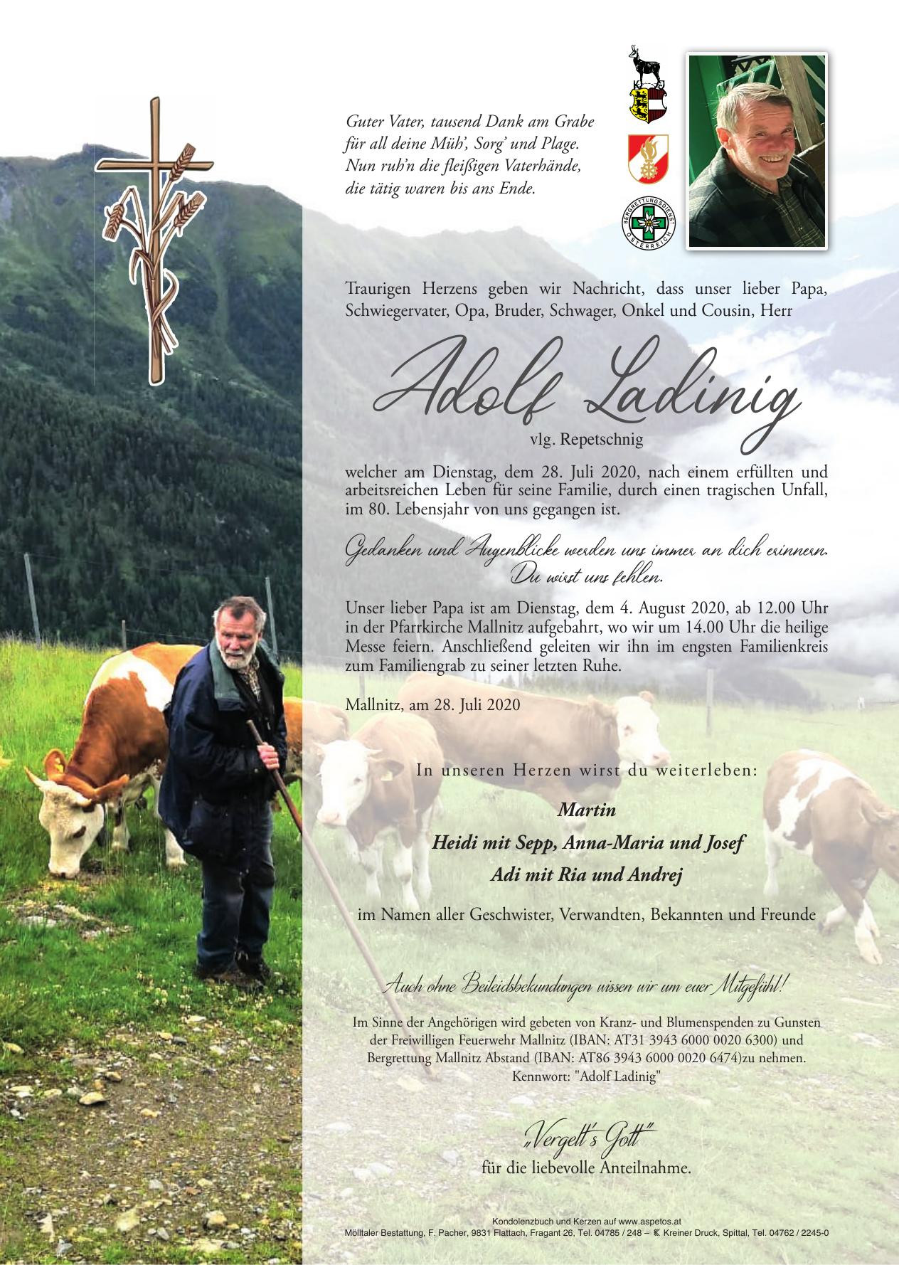 Traueranzeige von Adolf Ladinig
