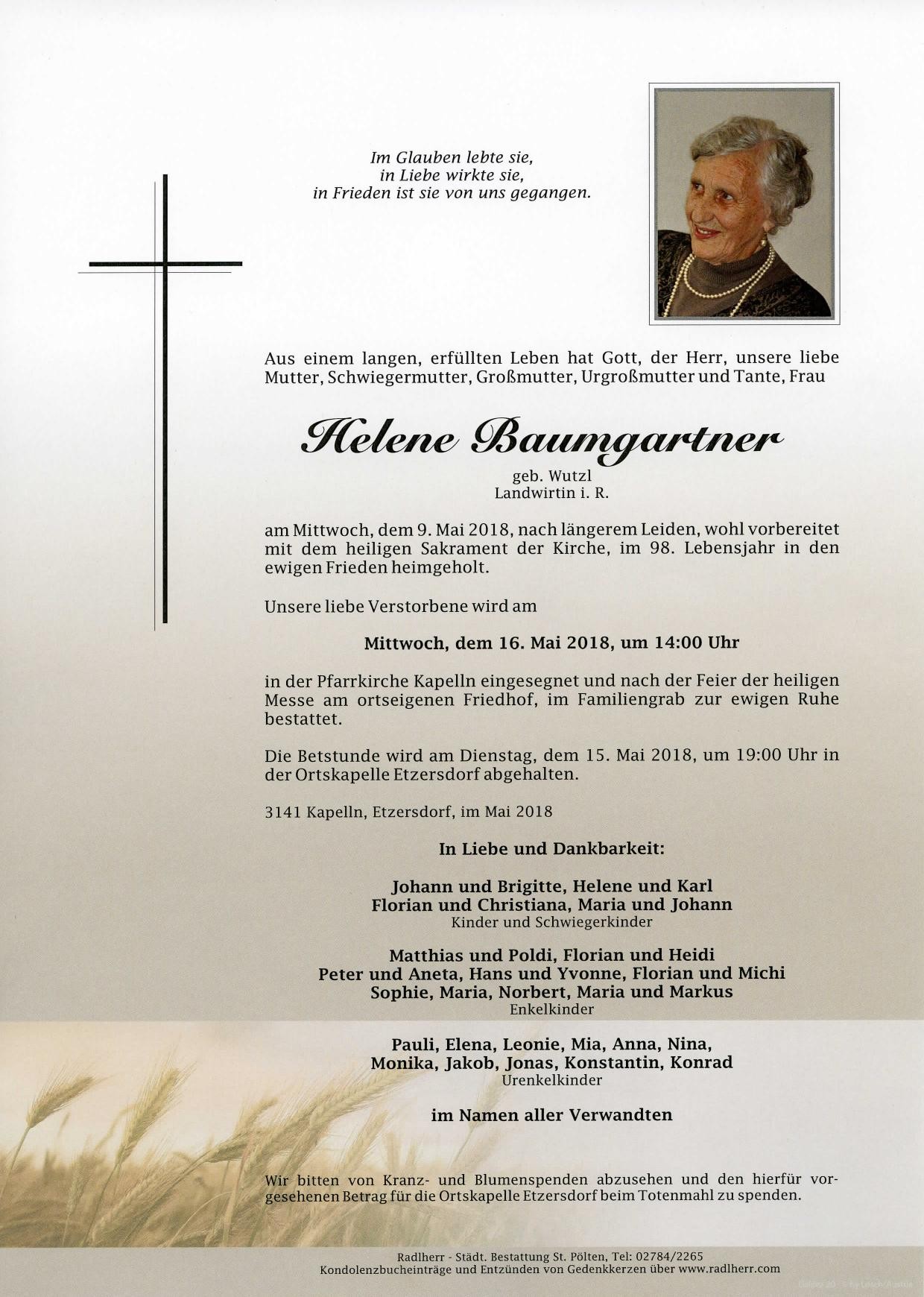 Traueranzeige von Helene Baumgartner