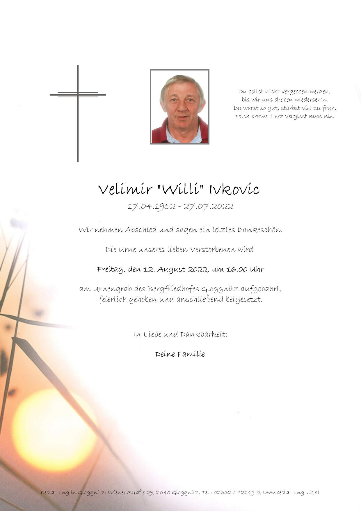 Traueranzeige von Velimir Ivkovic