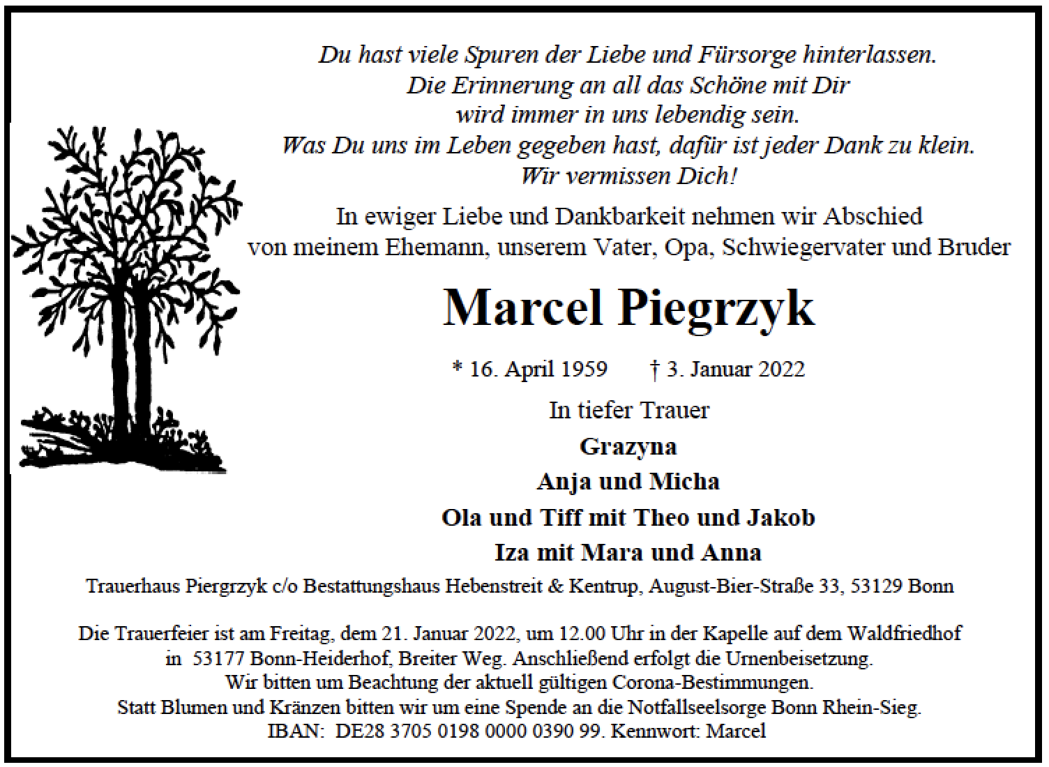 Traueranzeige von Marcel Piegrzyk
