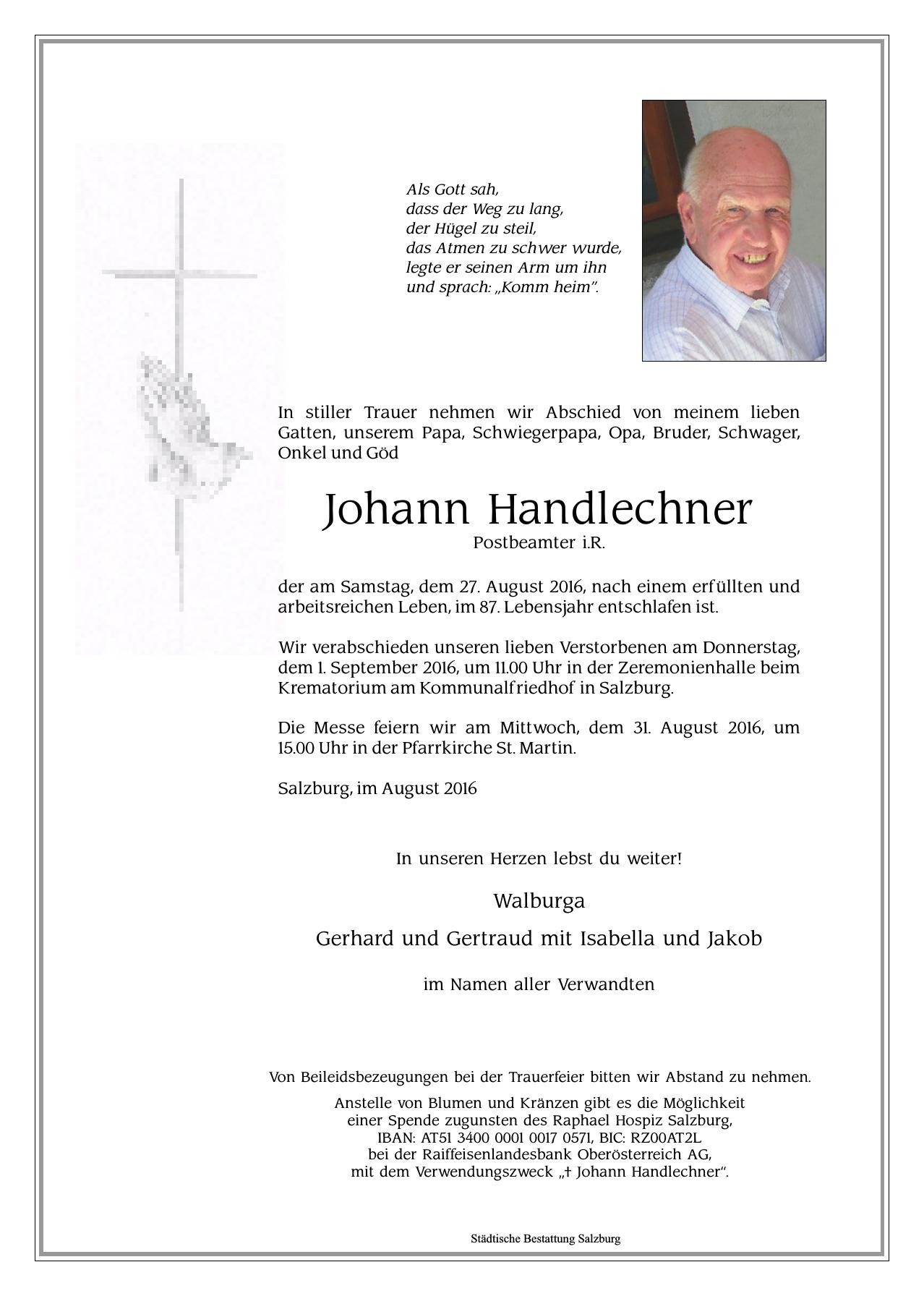 Traueranzeige von Johann Handlechner