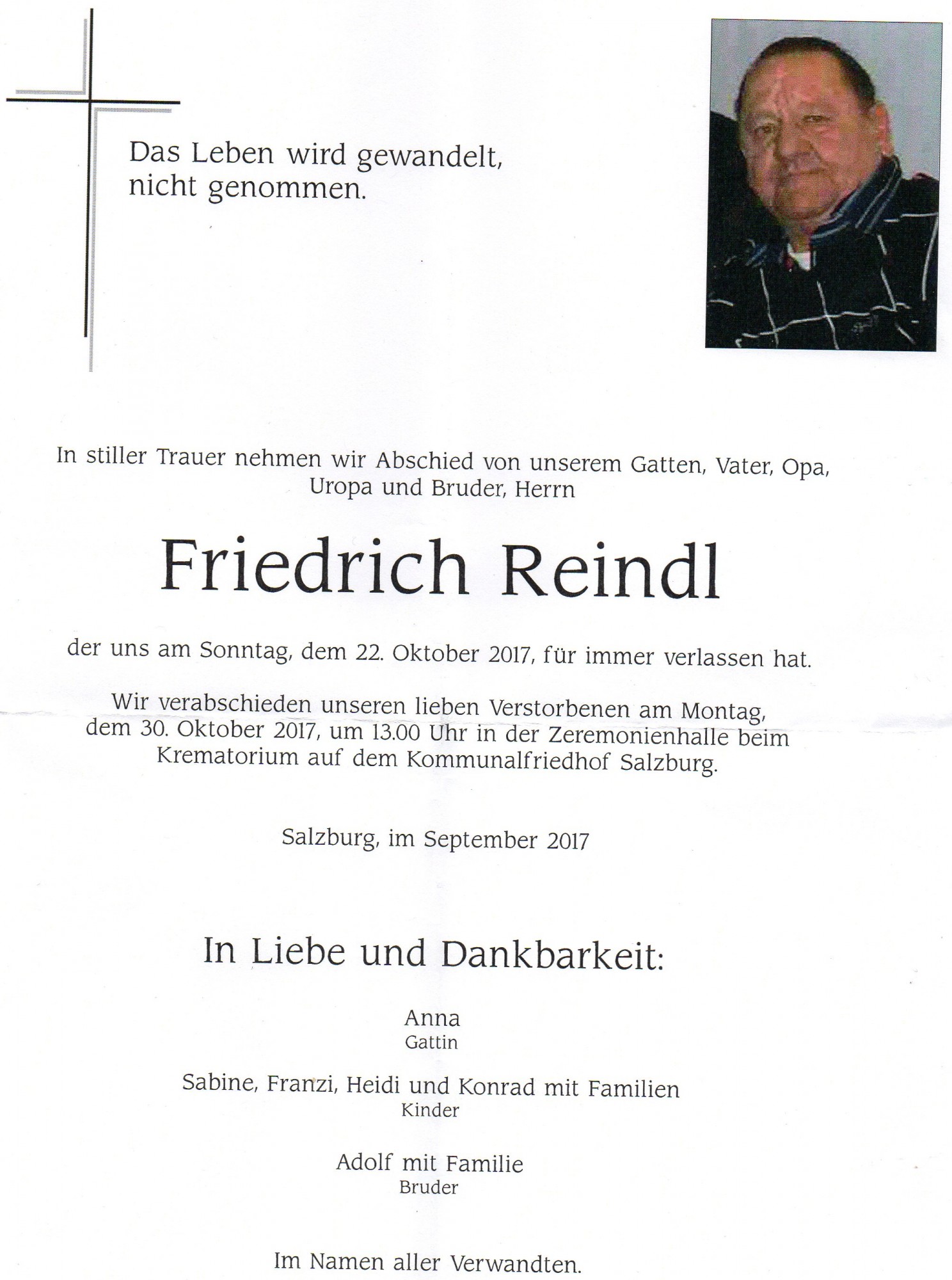 Traueranzeige von Friedrich Reindl