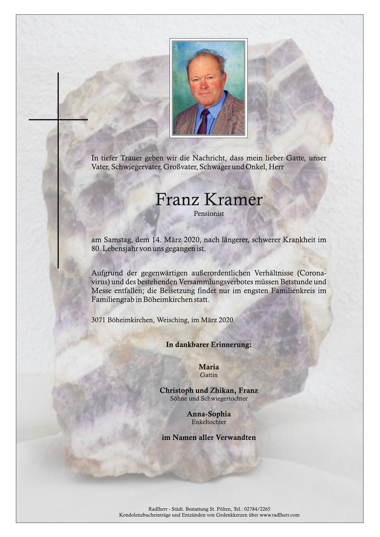 Traueranzeige von Franz Kramer