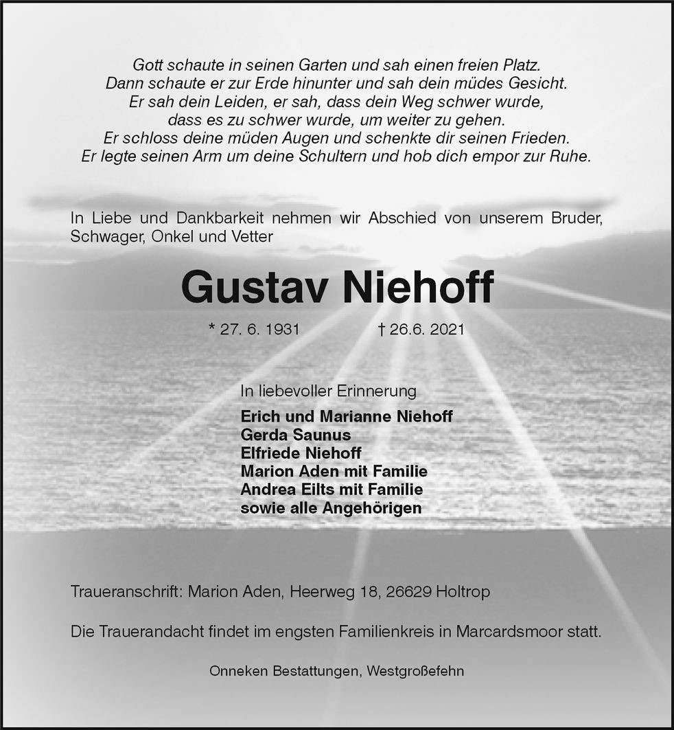 Traueranzeige von Gustav Niehoff