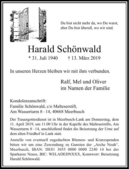 Traueranzeige von Harald Schönwald