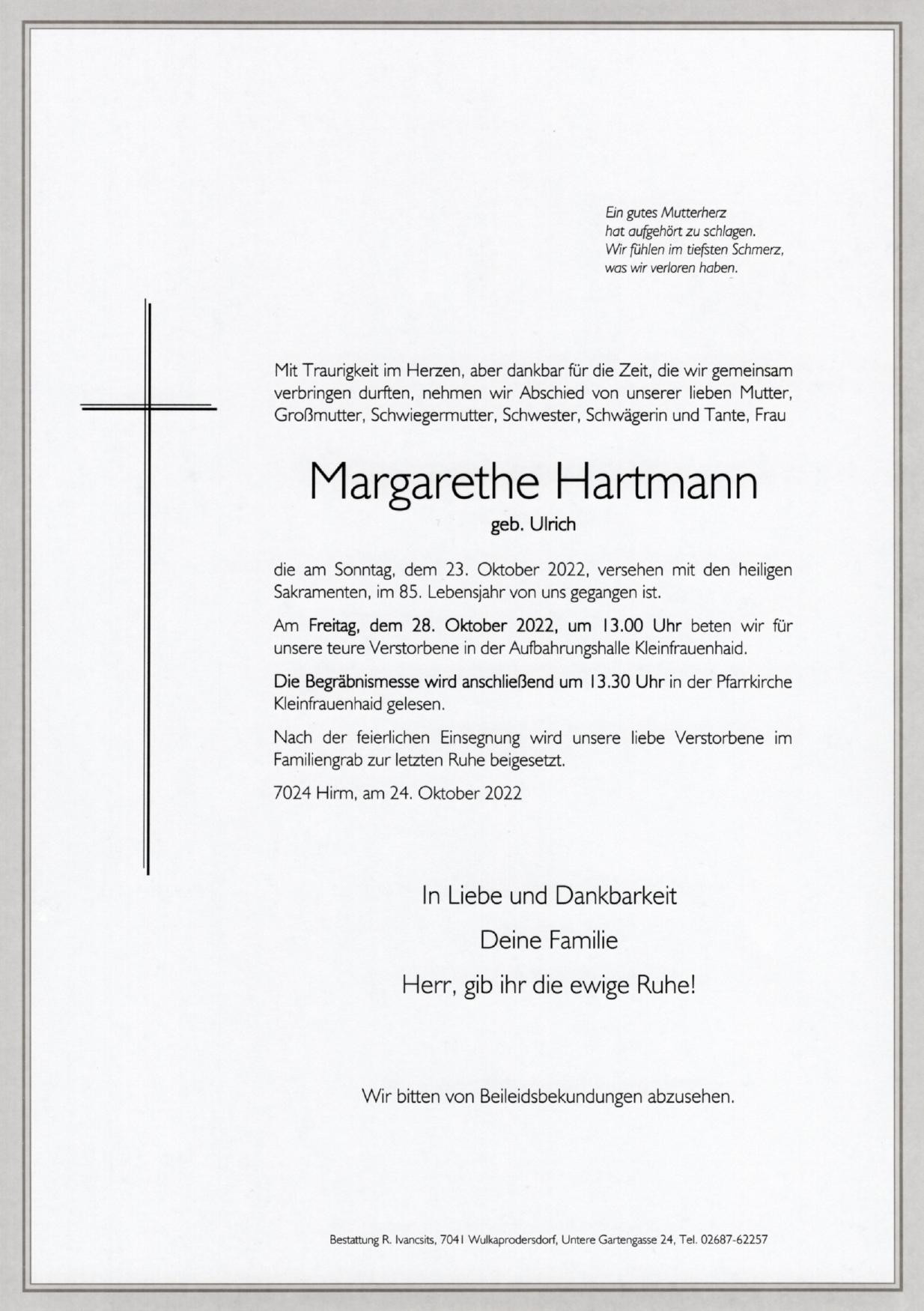 Traueranzeige von Margarethe Hartmann