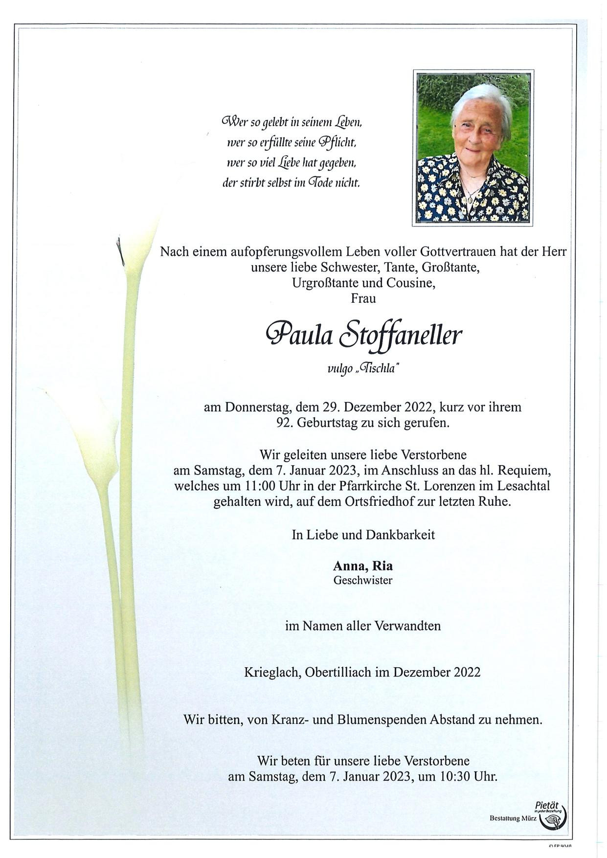 Traueranzeige von Paula Stoffaneller