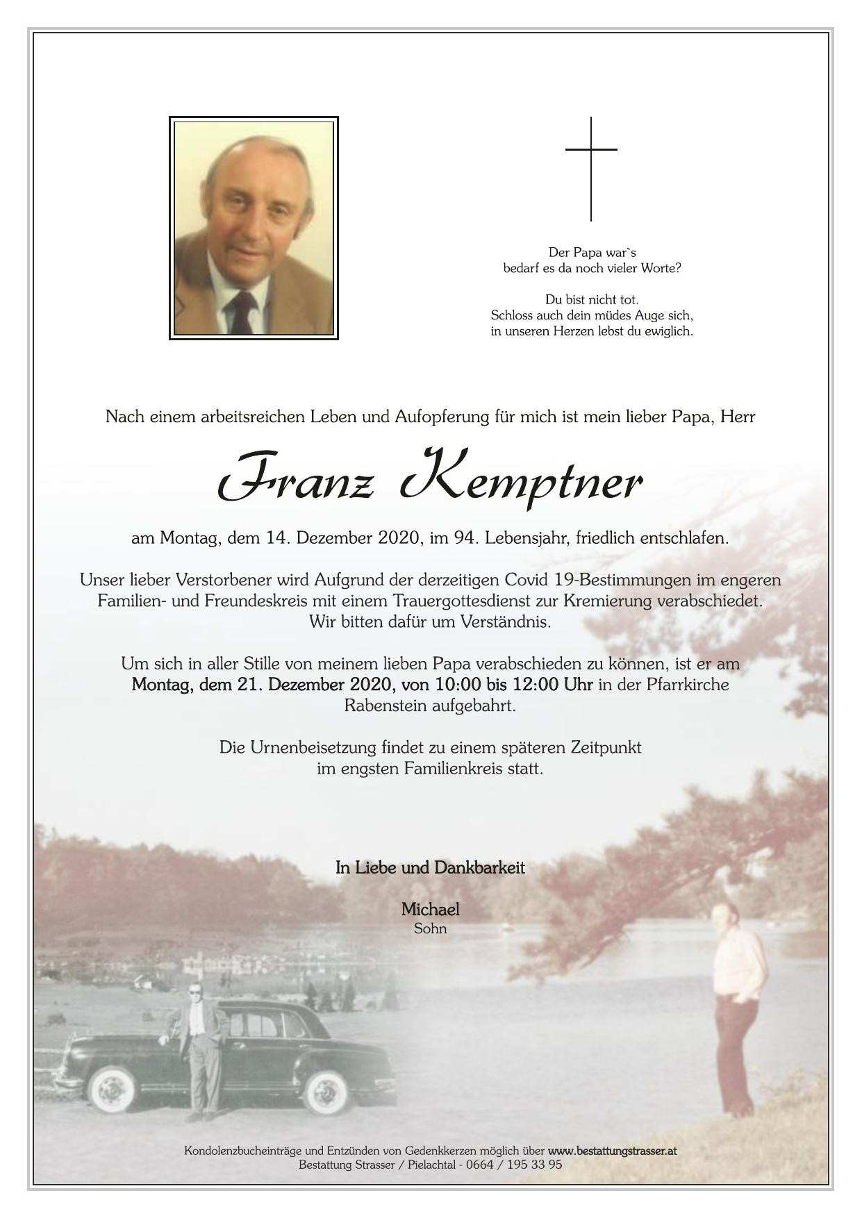 Traueranzeige von Franz Kemptner