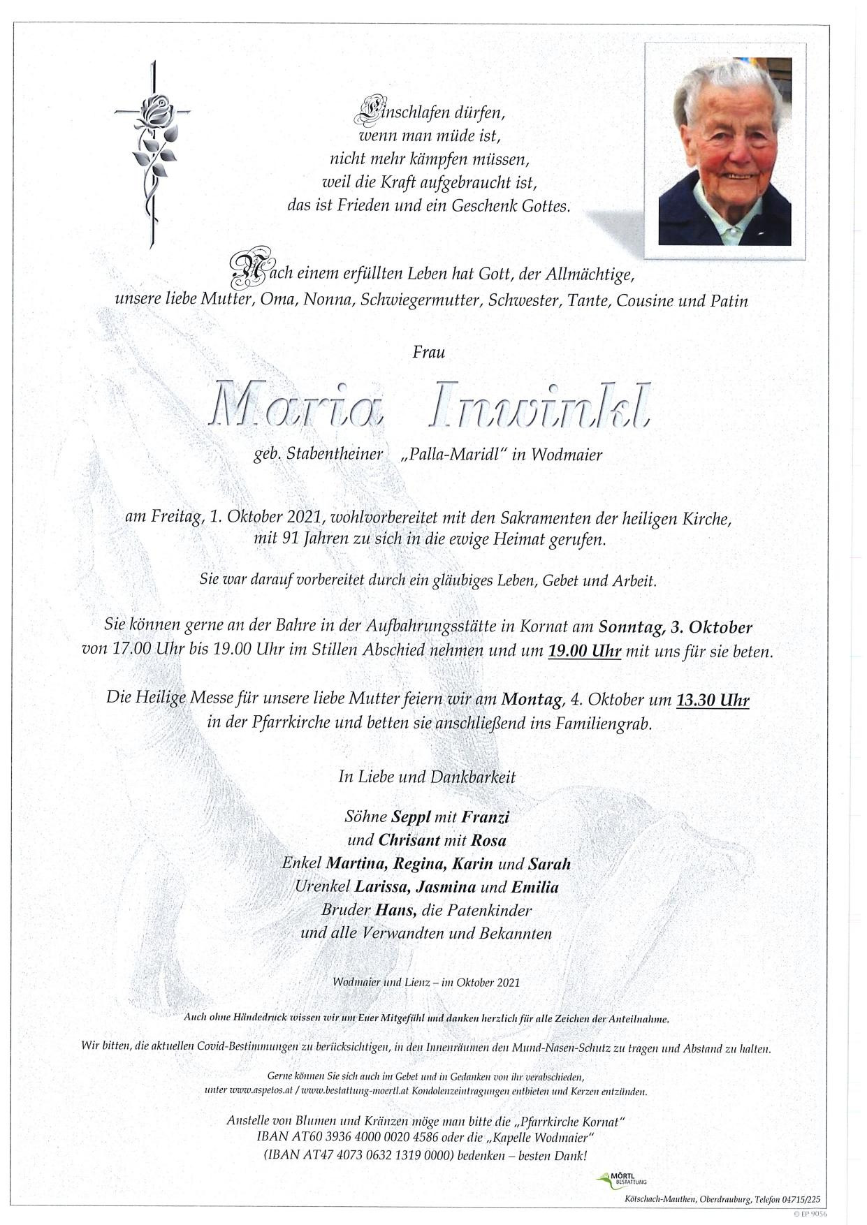 Traueranzeige von Maria Inwinkl