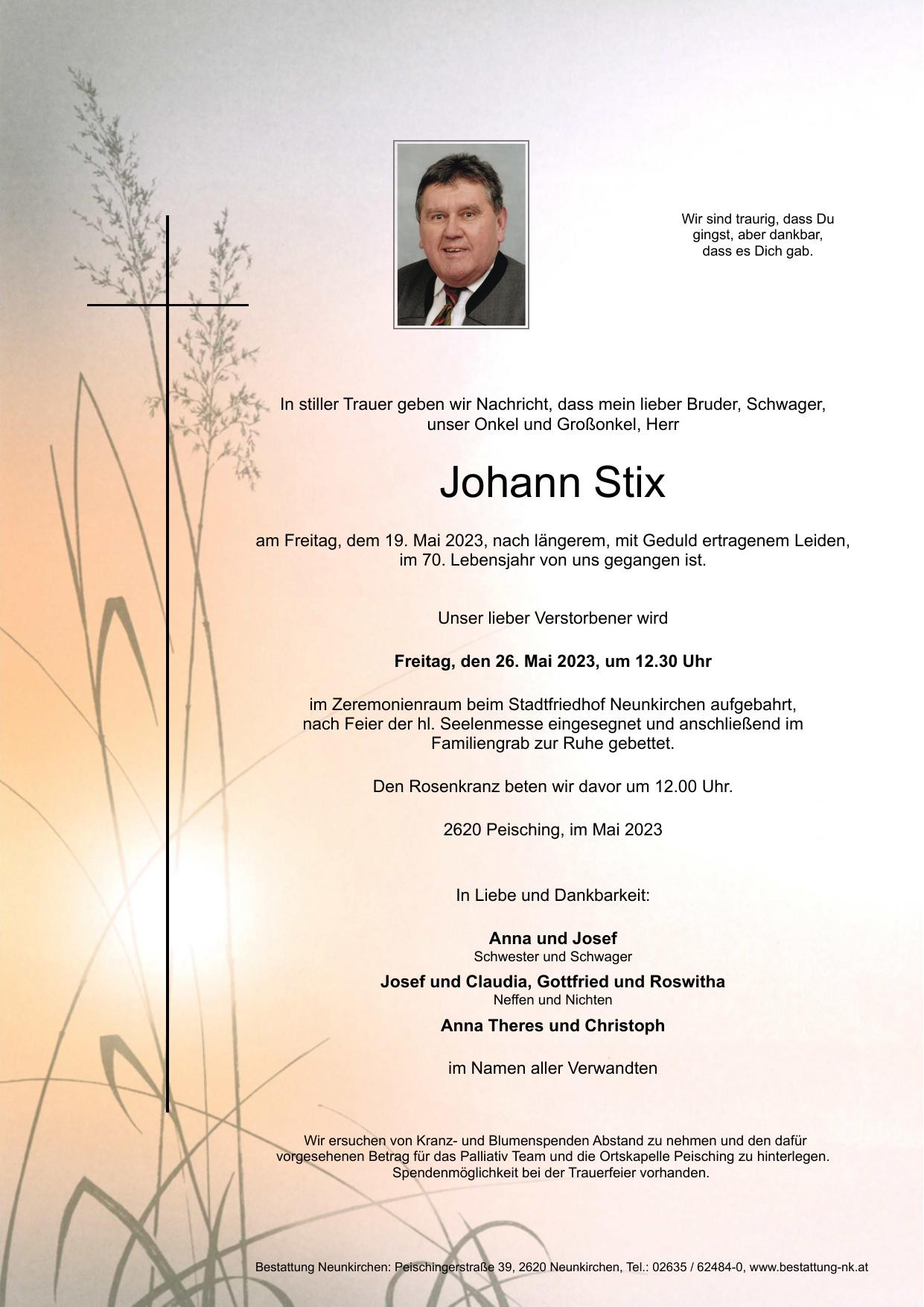 Traueranzeige von Johann Stix
