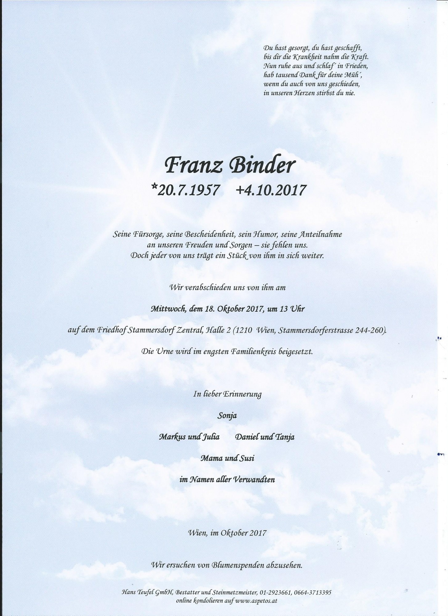 Traueranzeige von Franz Binder