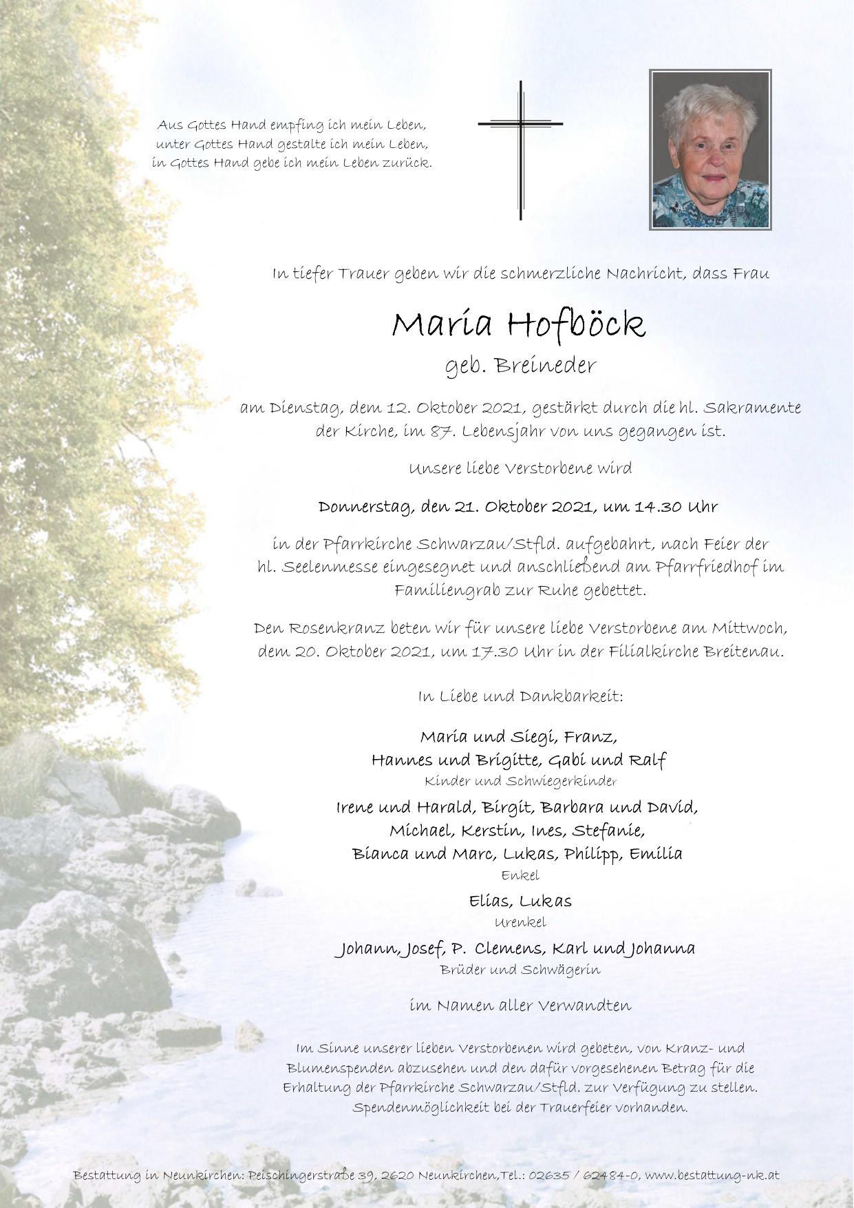 Traueranzeige von Maria Hofböck