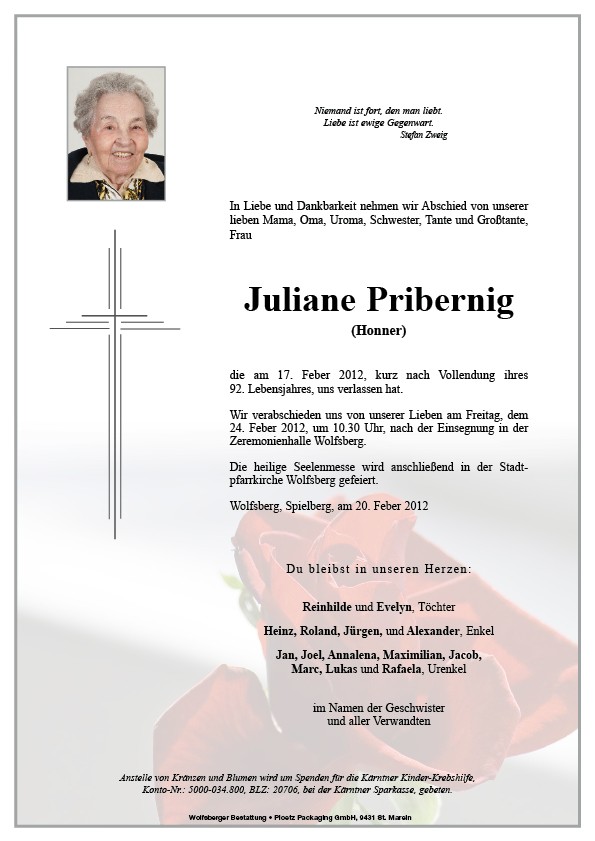 Traueranzeige von Juliane Pribernig