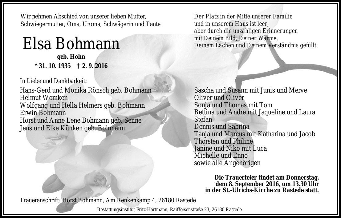 Traueranzeige von Elsa Bohmann