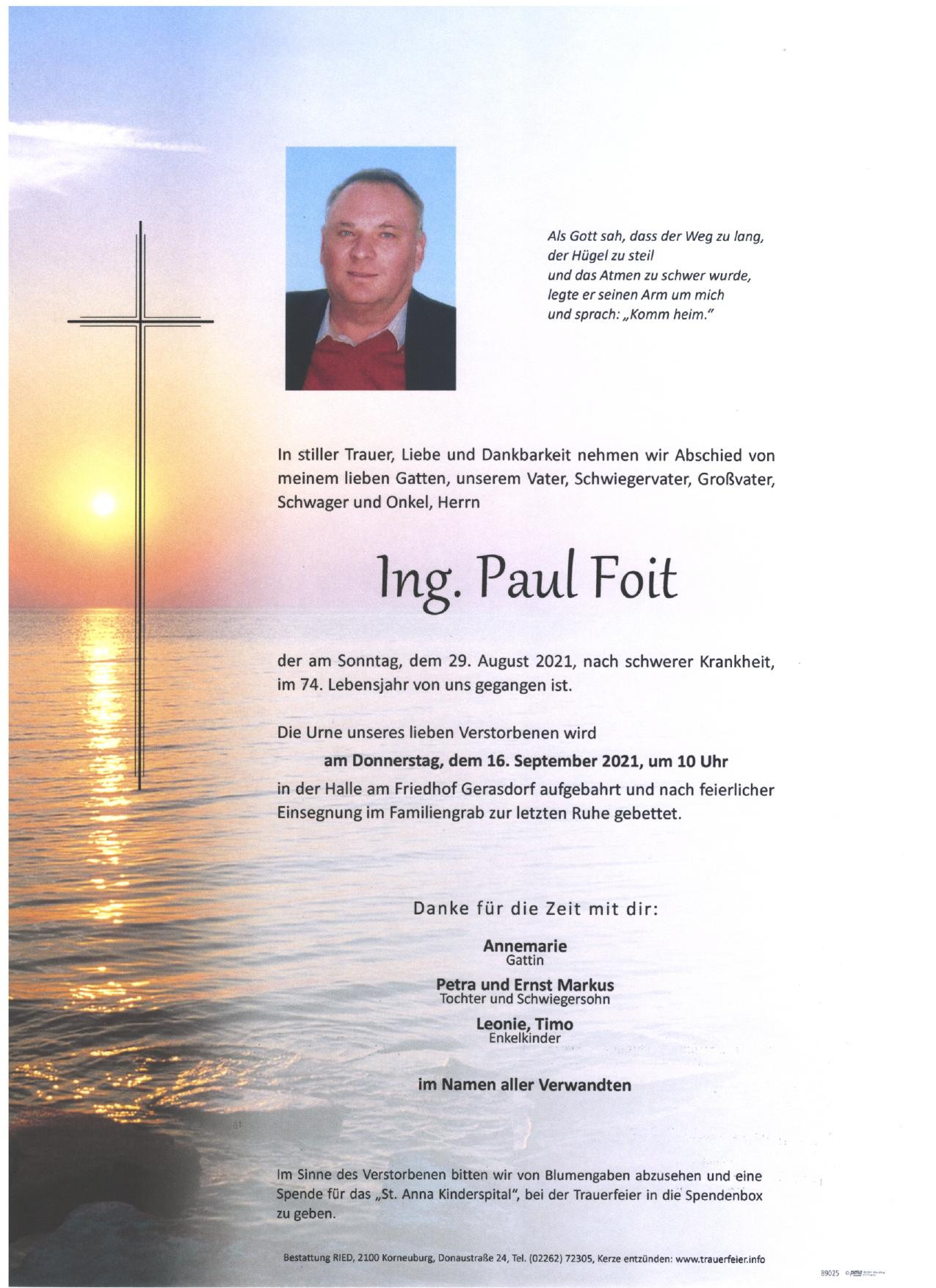 Traueranzeige von Ing. Paul Foit