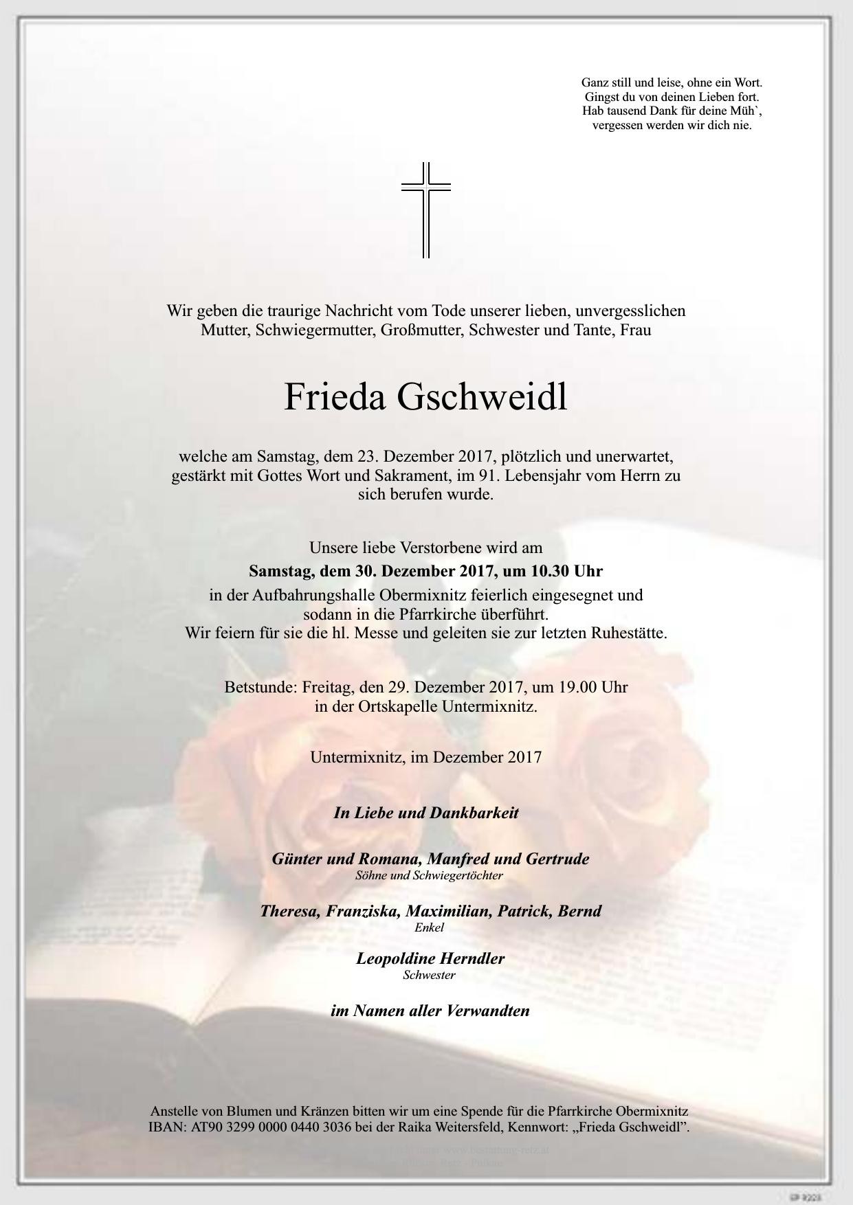 Traueranzeige von Frieda Gschweidl