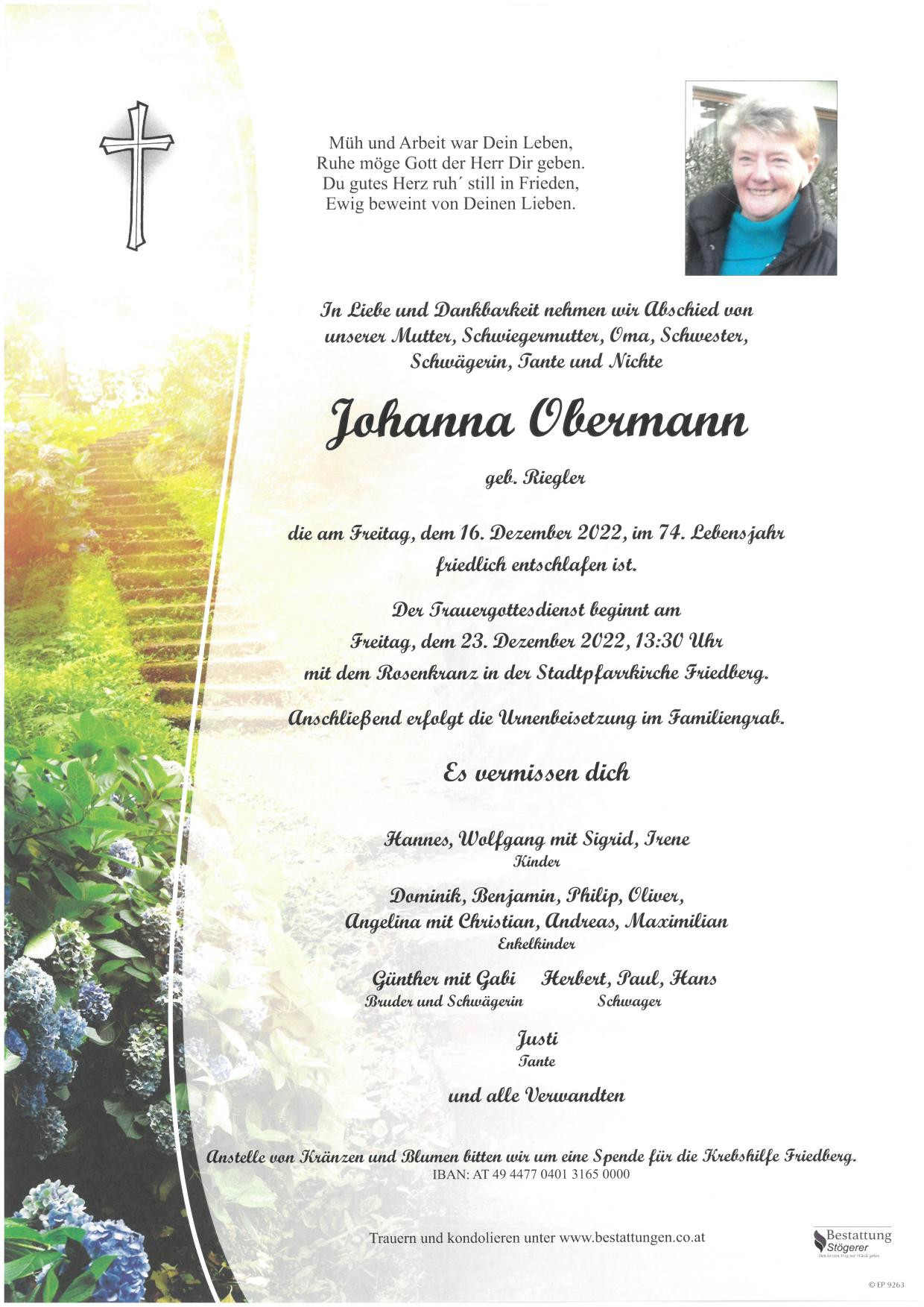 Traueranzeige von Johanna Obermann