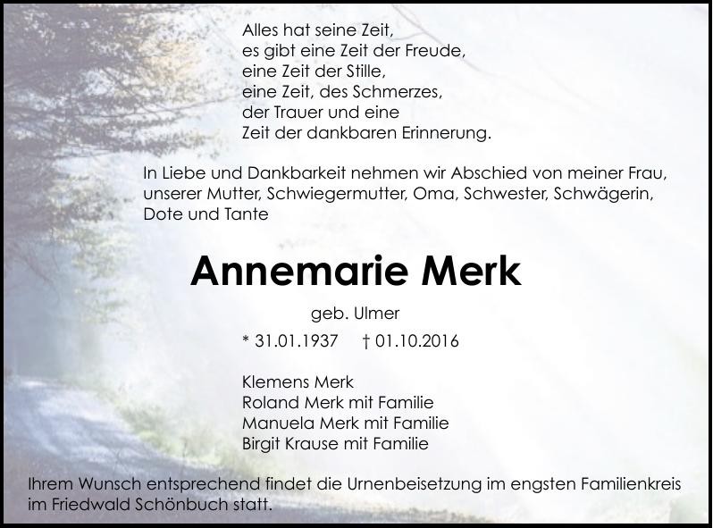 Traueranzeige von Annemarie Merk