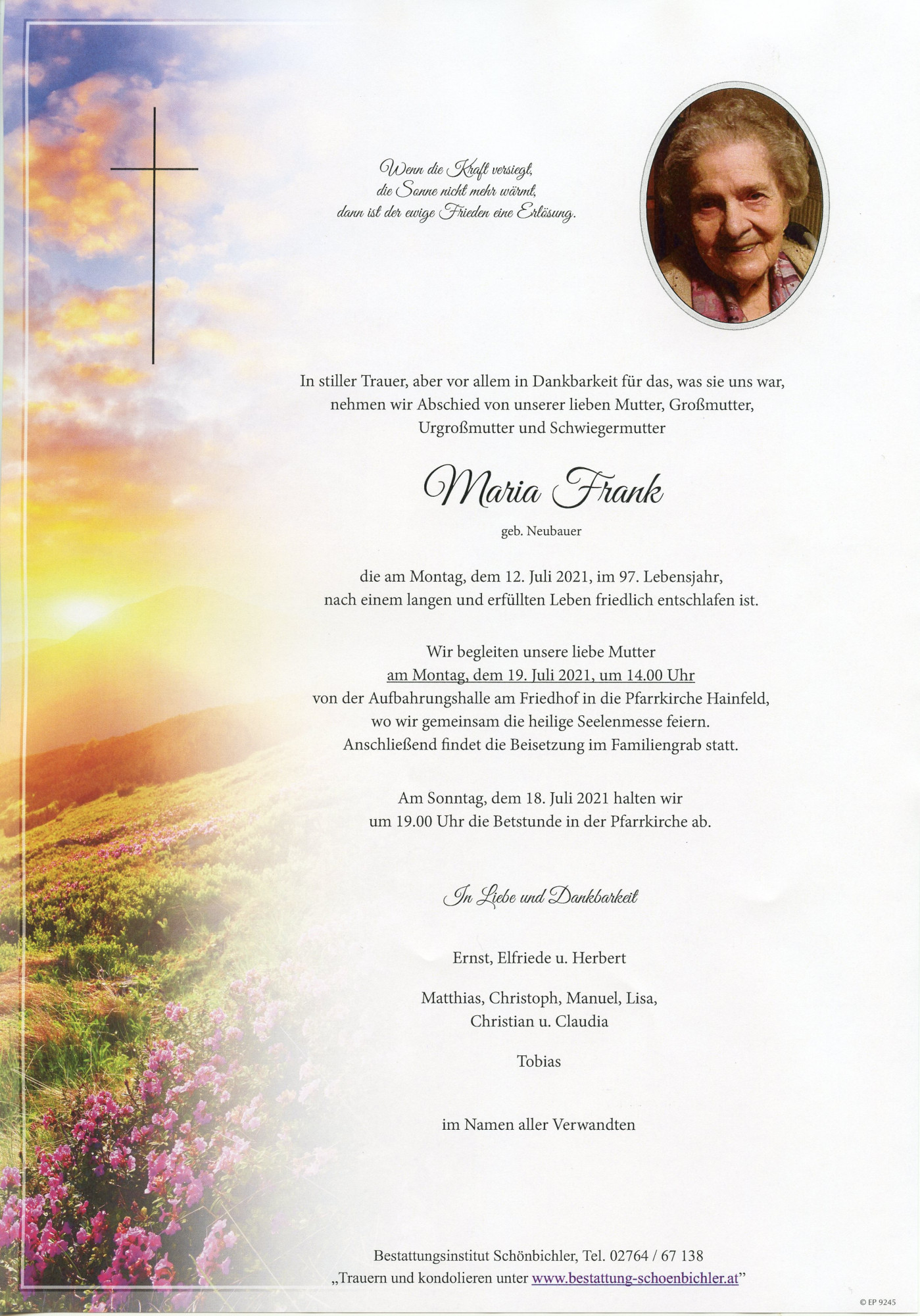 Traueranzeige von Maria Frank