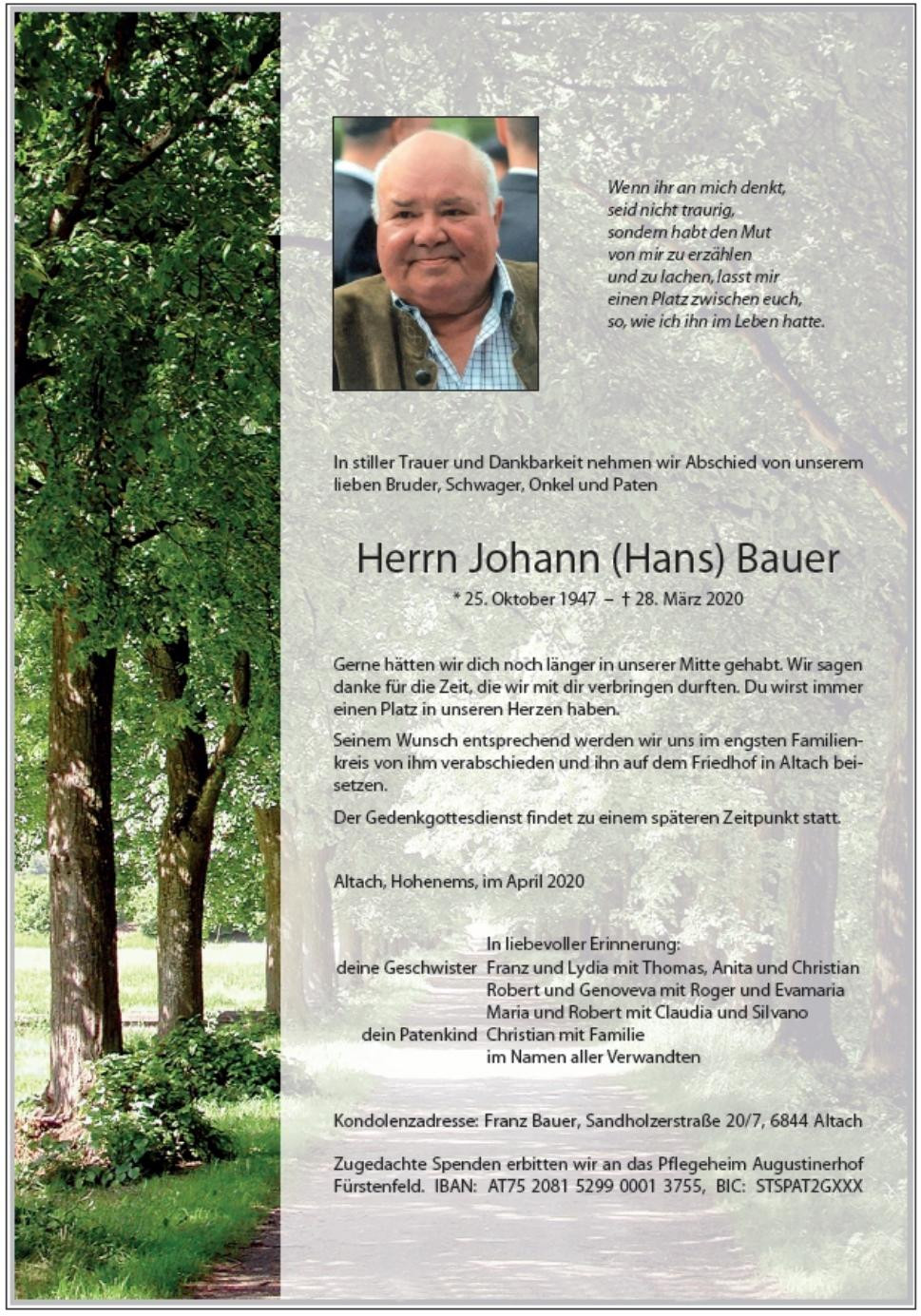 Traueranzeige von Johann Bauer