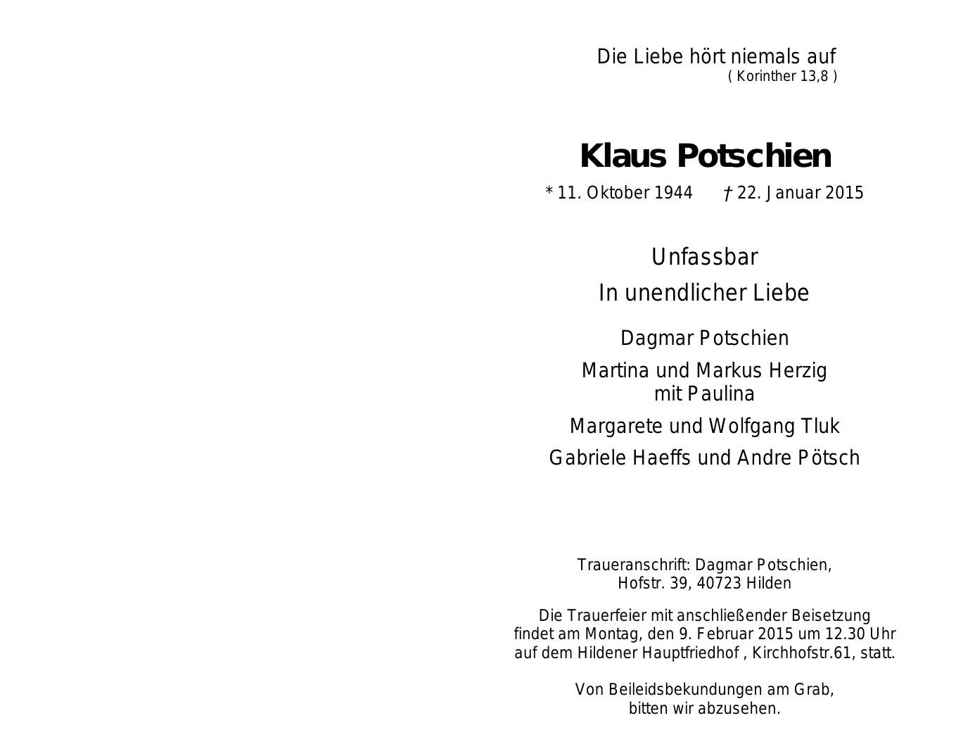 Traueranzeige von Klaus Potschien
