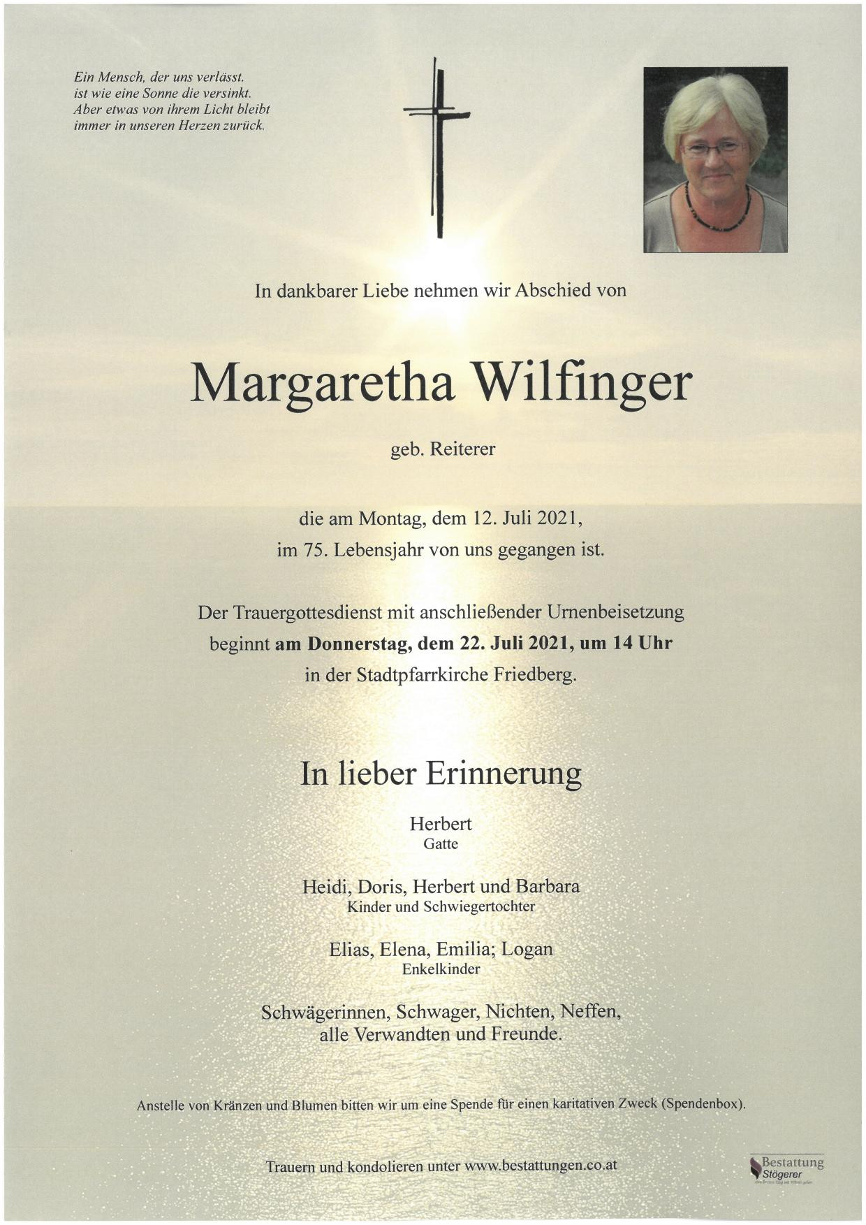 Traueranzeige von Margaretha Wilfinger
