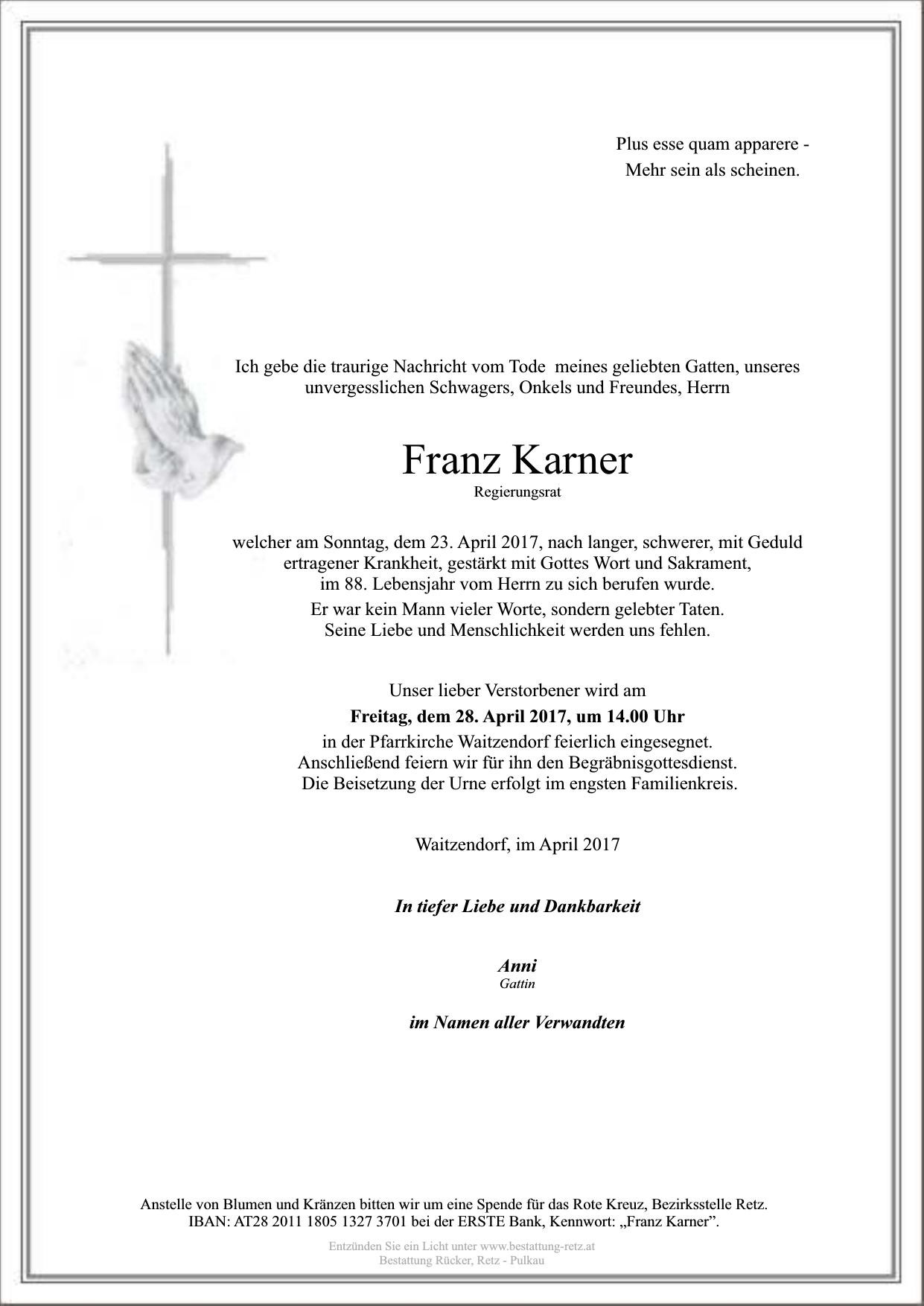 Traueranzeige von Franz Karner