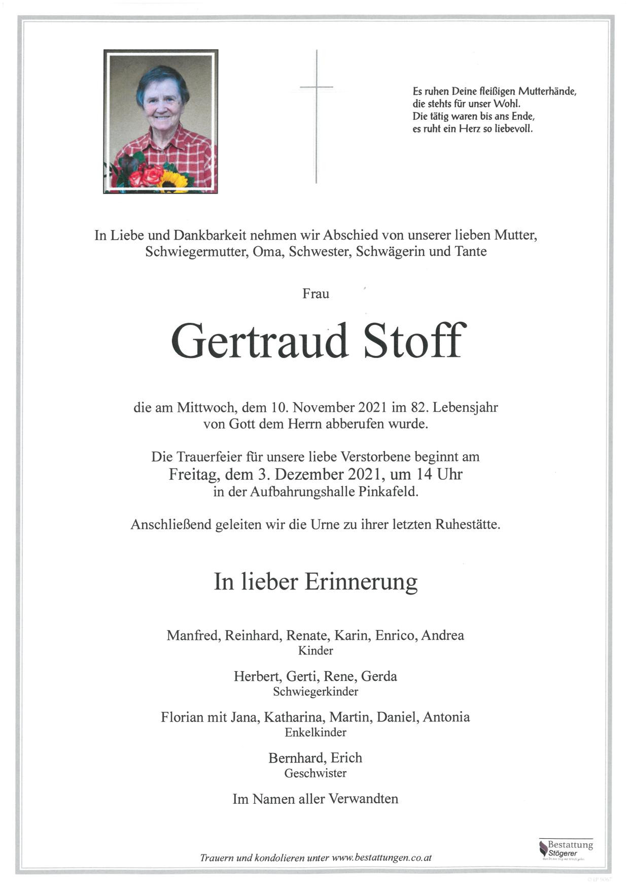 Traueranzeige von Gertraud Stoff