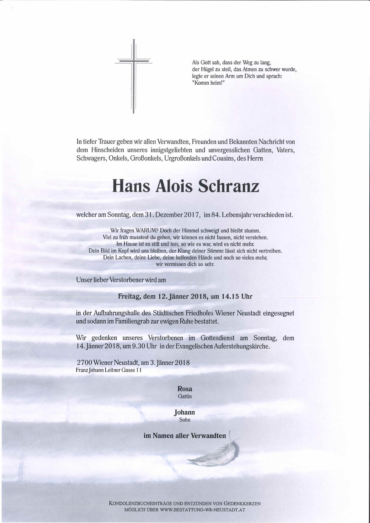 Traueranzeige von Hans Schranz
