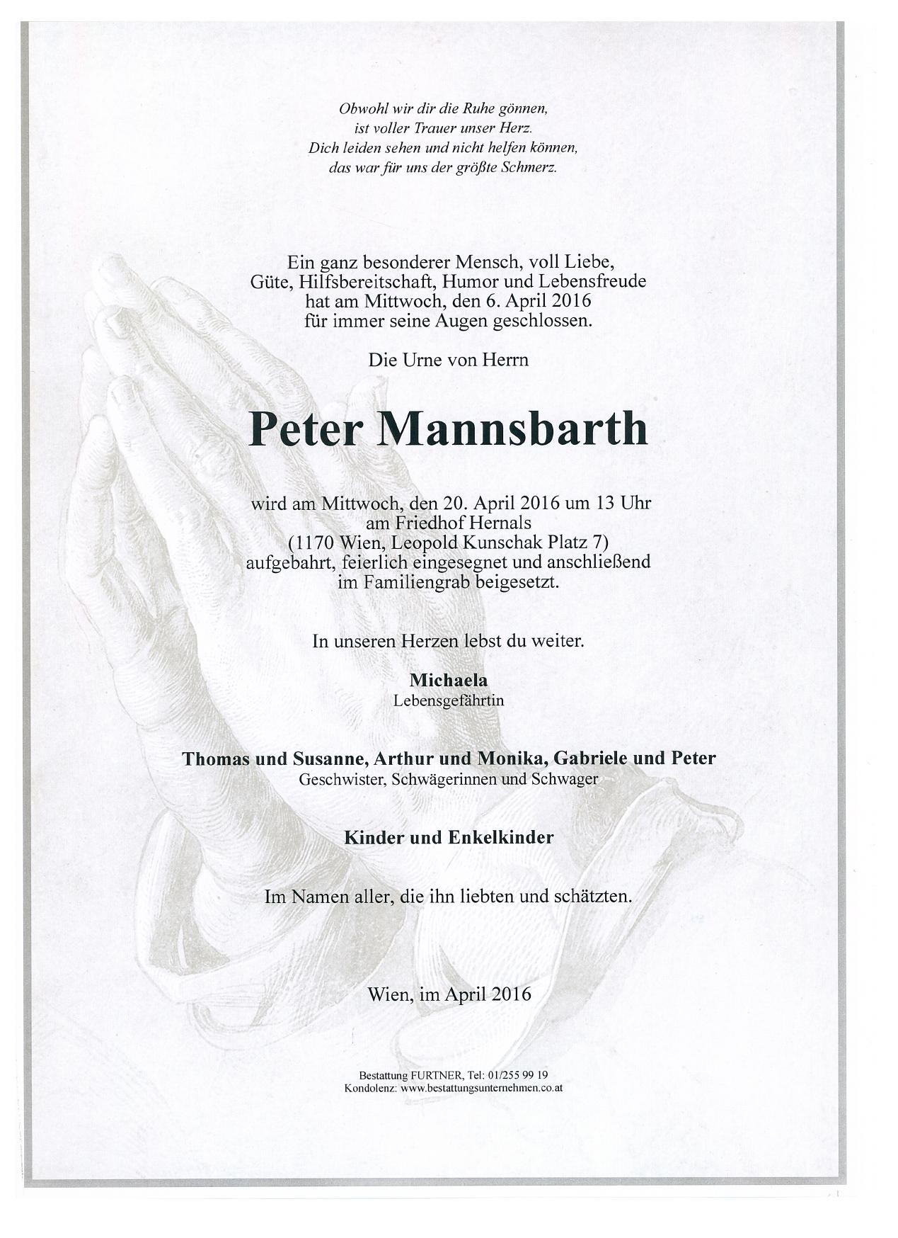 Traueranzeige von Peter Mannsbarth