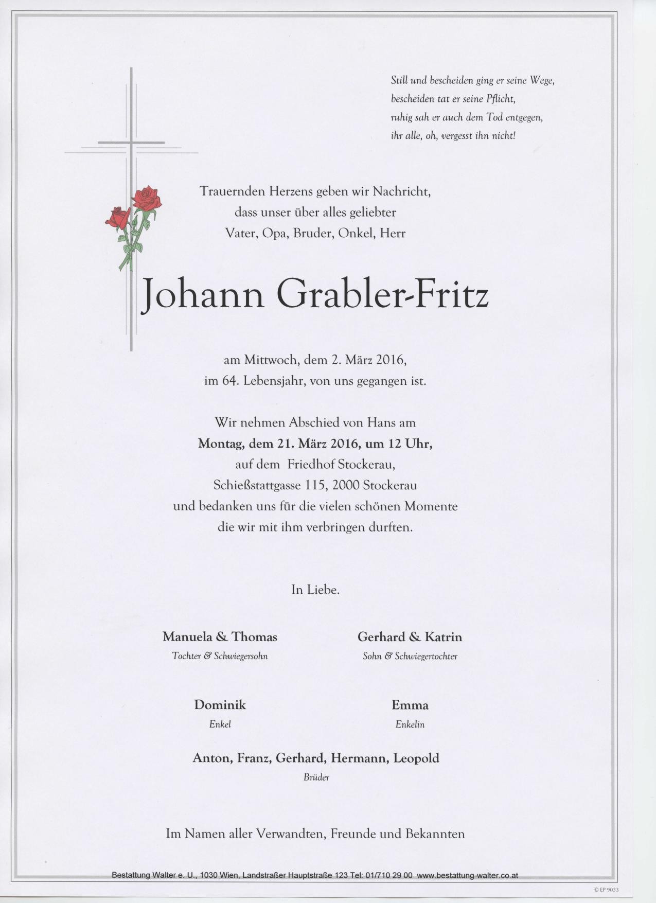 Traueranzeige von Johann Grabler-Fritz