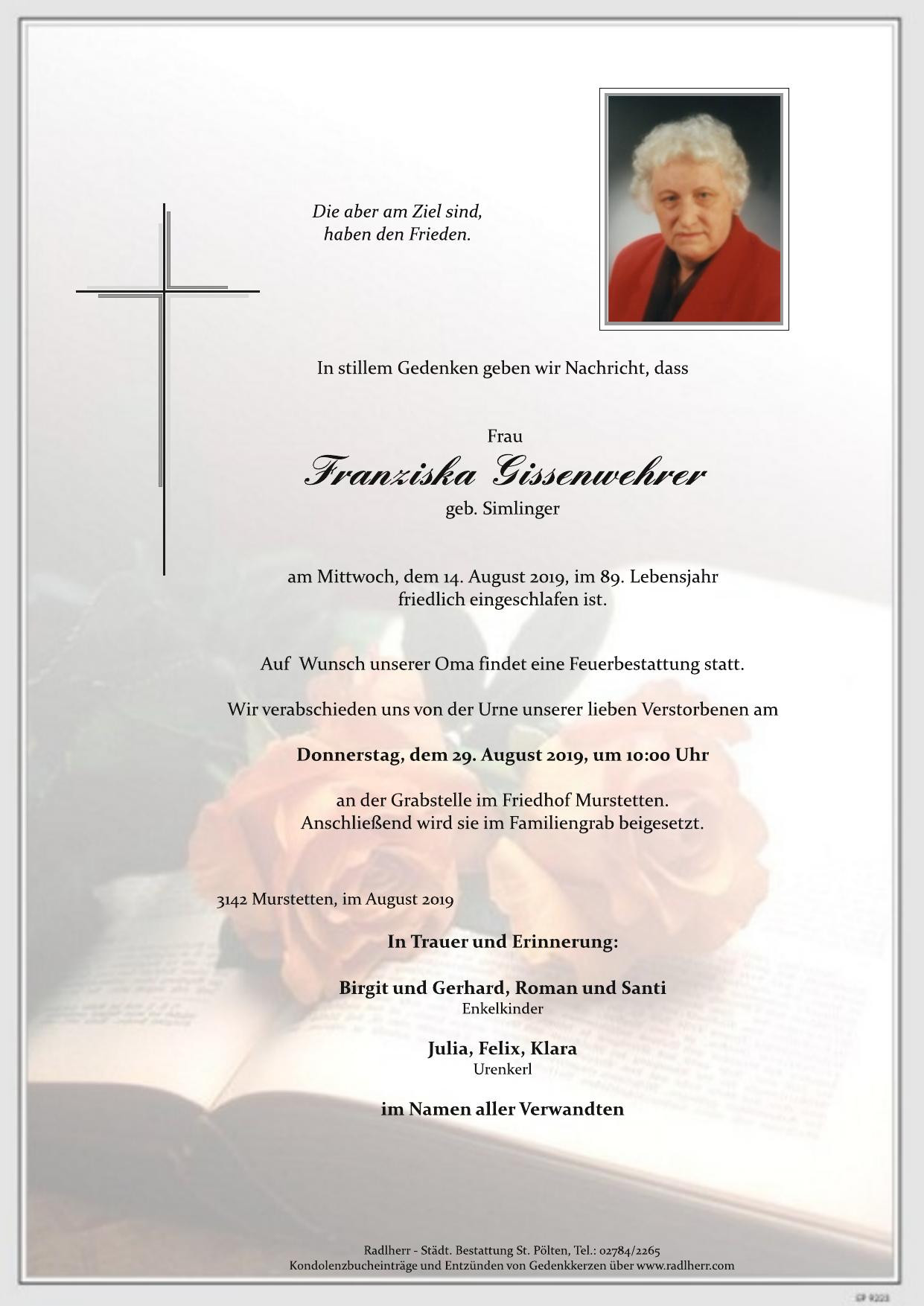 Traueranzeige von Franziska Gissenwehrer
