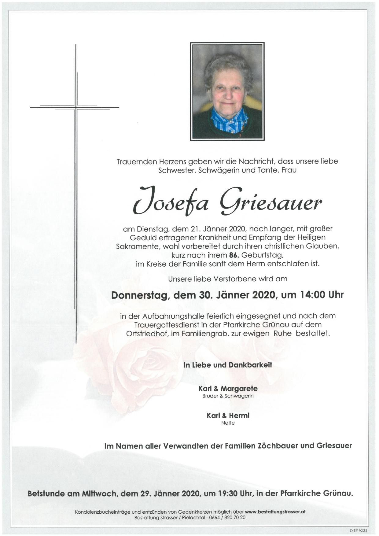 Traueranzeige von Josefa Griesauer