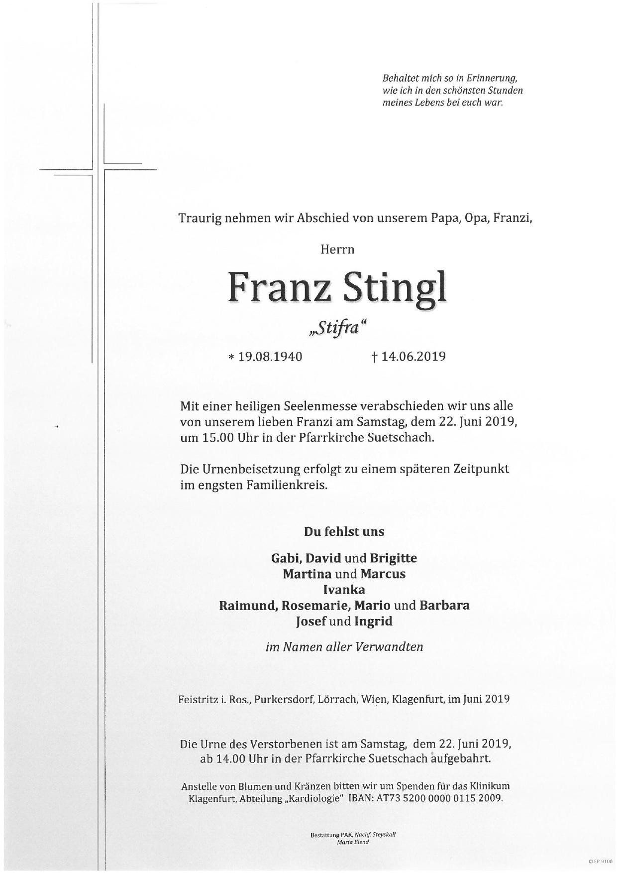 Traueranzeige von Franz Stingl