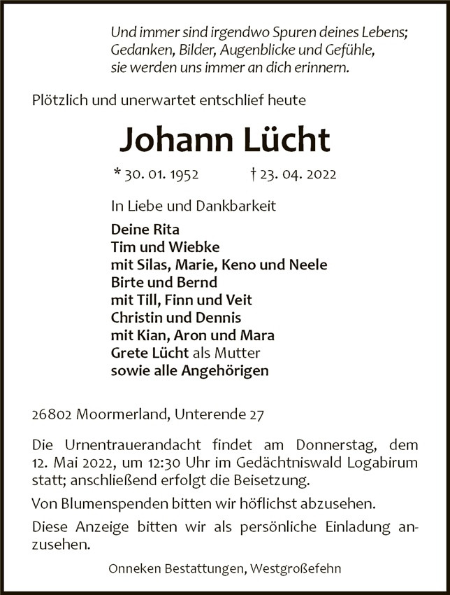 Traueranzeige von Johann Lücht