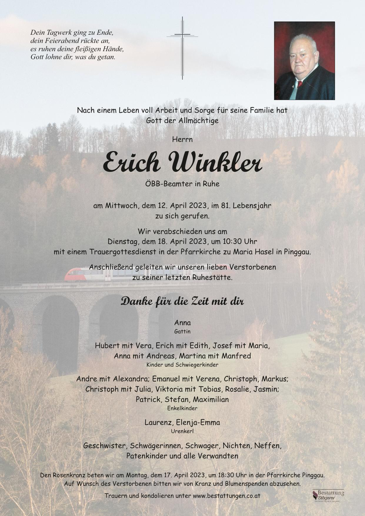 Traueranzeige von Erich Winkler