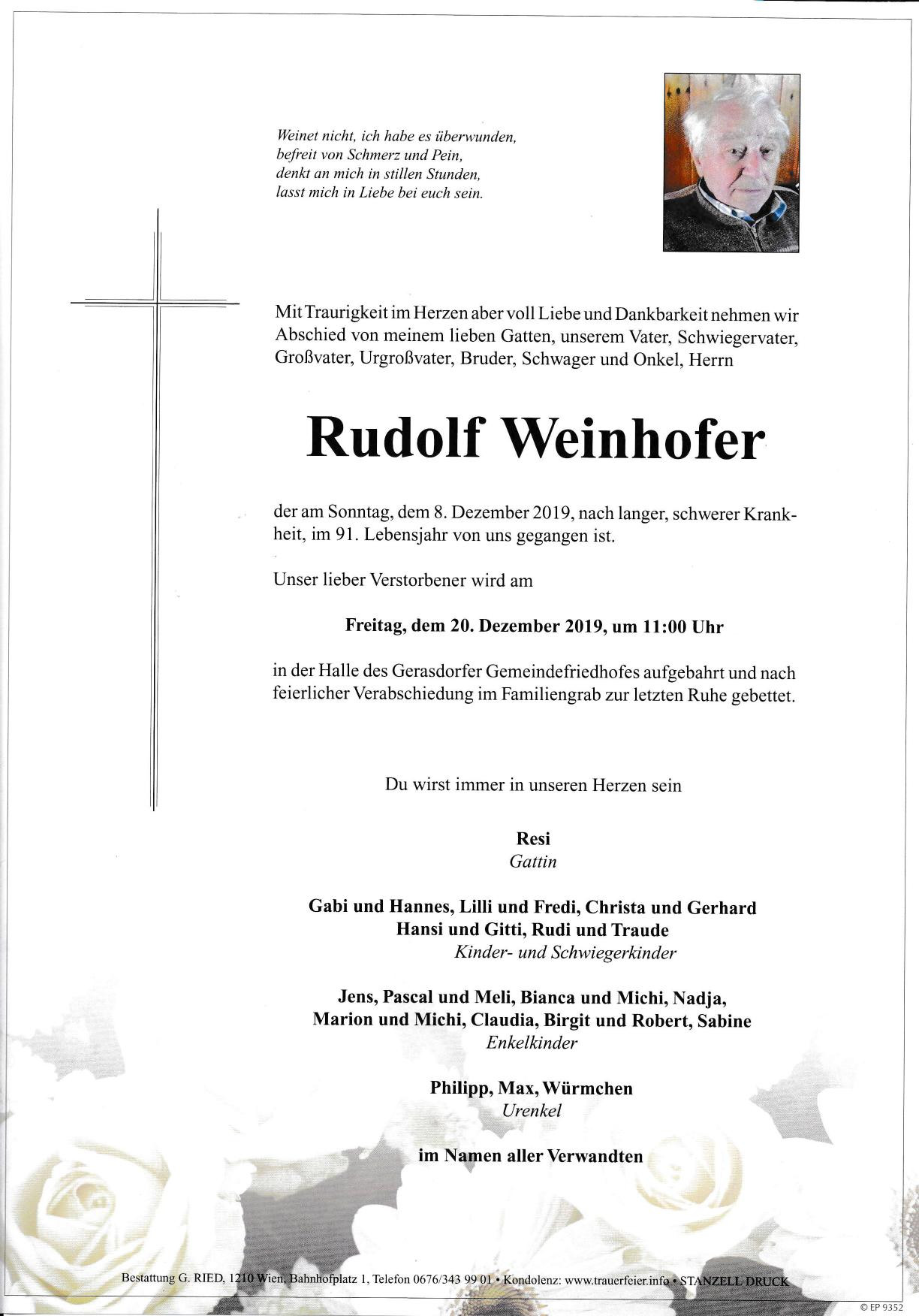 Traueranzeige von Rudolf Weinhofer