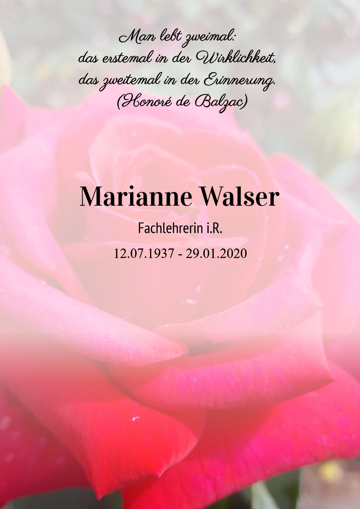 Traueranzeige von Marianne Walser