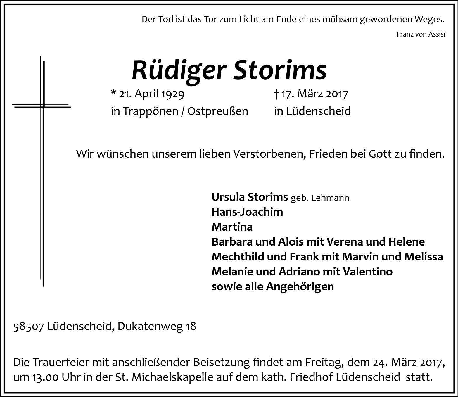 Traueranzeige von Rüdiger Storims