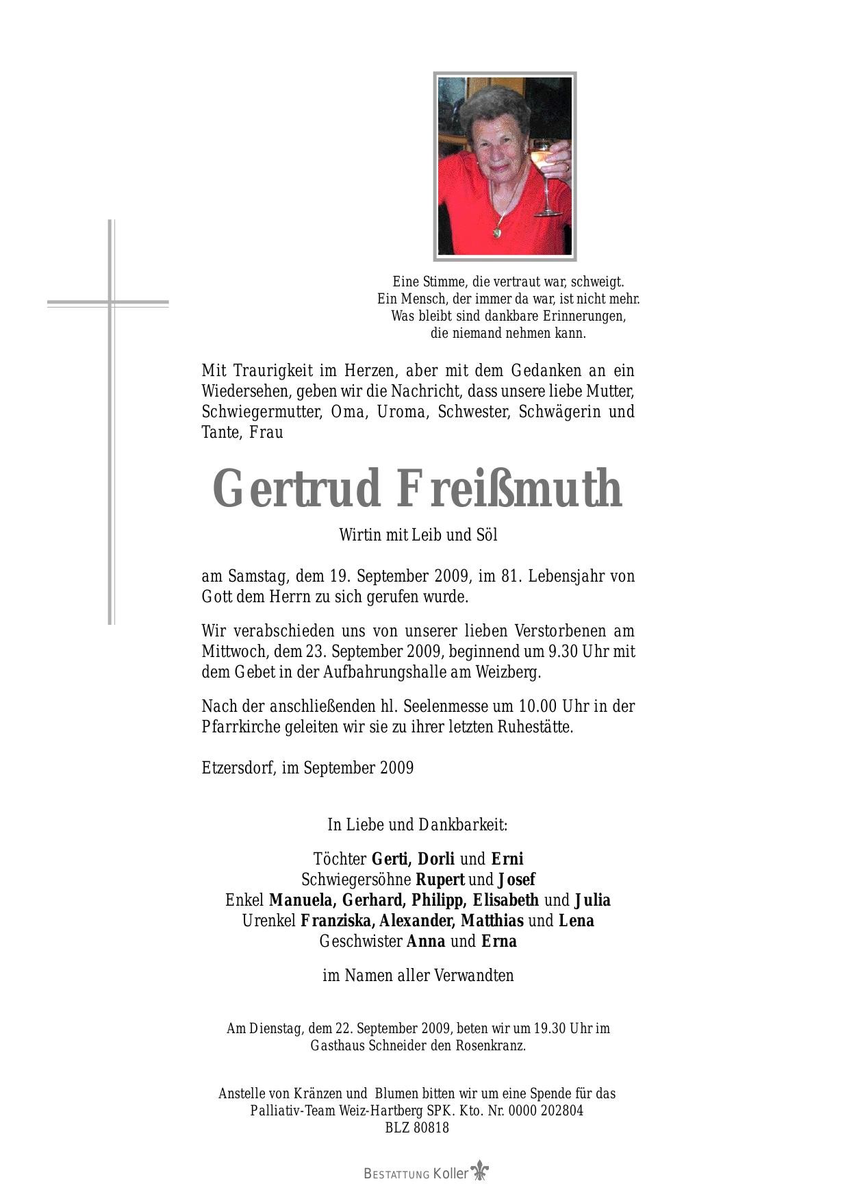 Traueranzeige von Gertrud Freißmuth