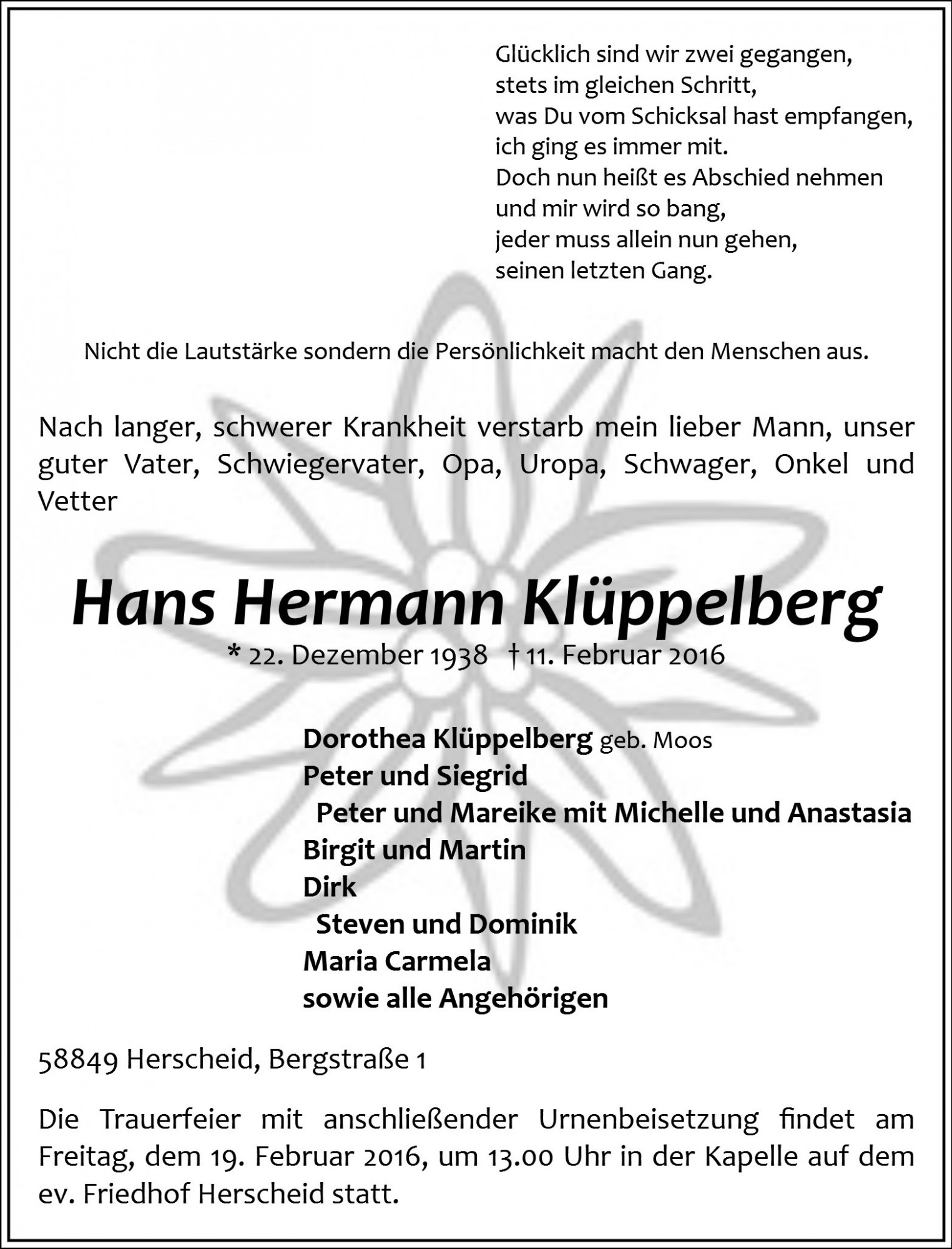Traueranzeige von Hans Hermann Klüppelberg