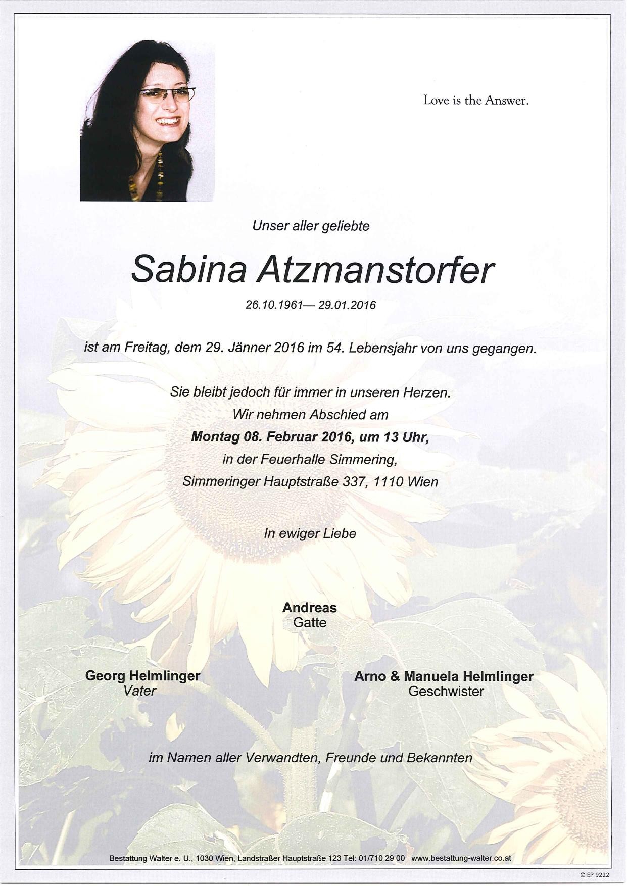 Traueranzeige von Sabina Atzmanstorfer
