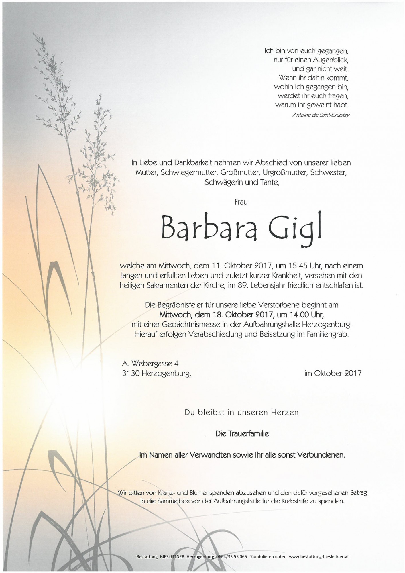 Traueranzeige von Barbara Gigl
